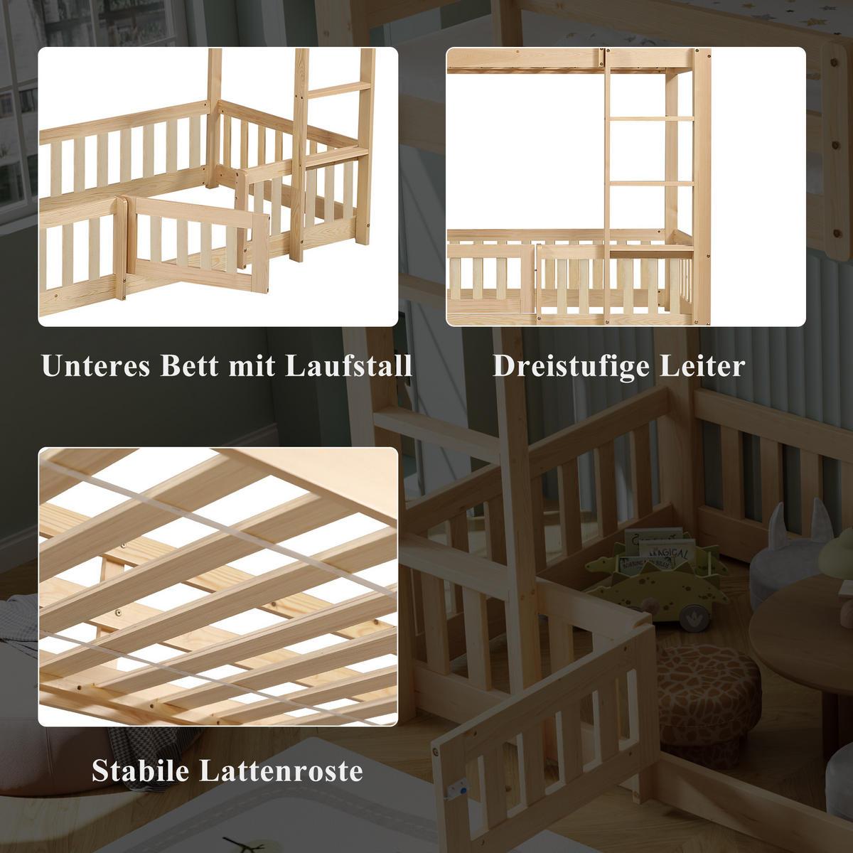 ETAGENBETT aus Massivholz 90x200 cm in Natur mit rechtwinkliger Treppe - Naturfarben, Holz (90/200cm) - Modfu