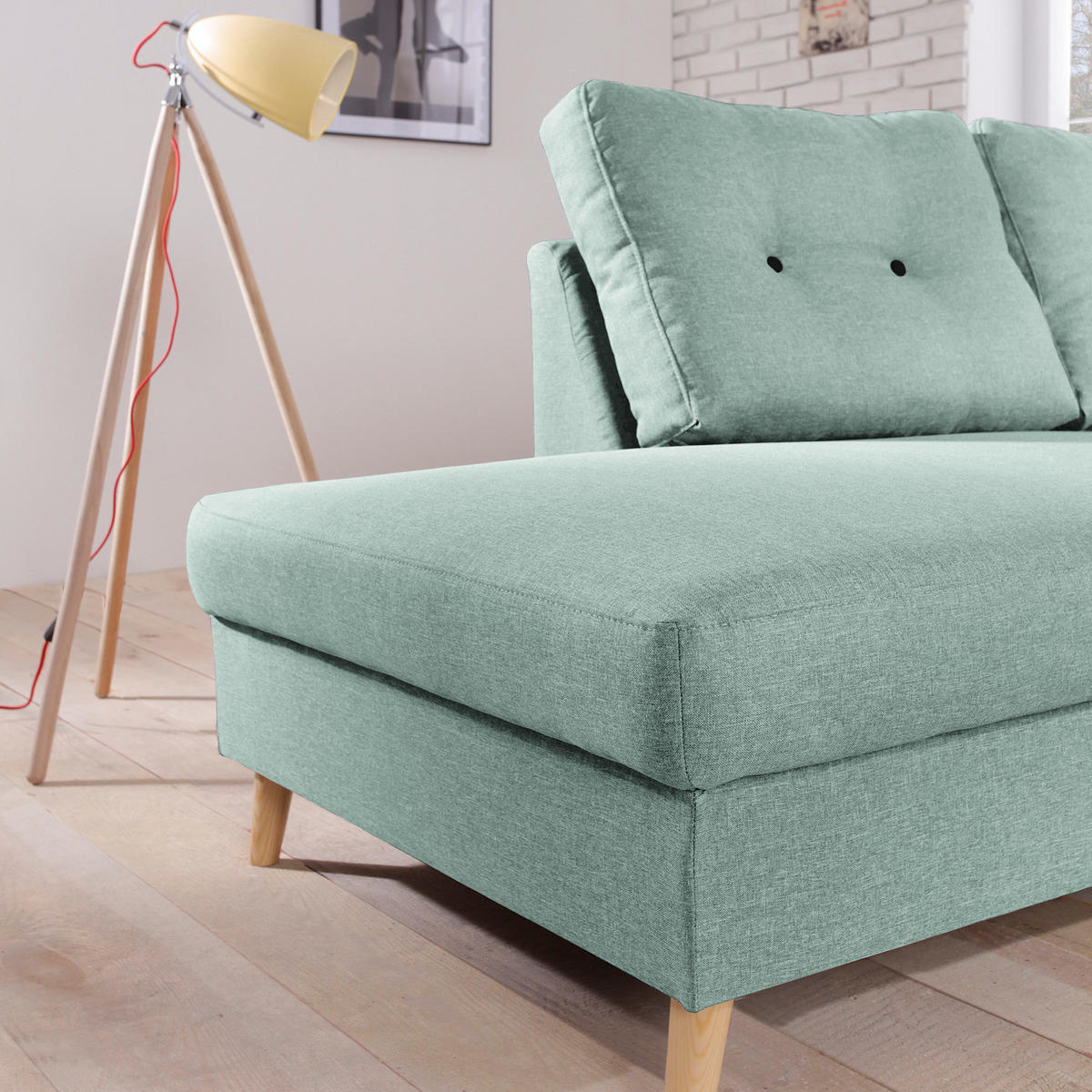 ECKSOFA mit Ottomane - Webstoff - Hellbraun/Mintgrün, Holz/Textil (230/200cm) - home24