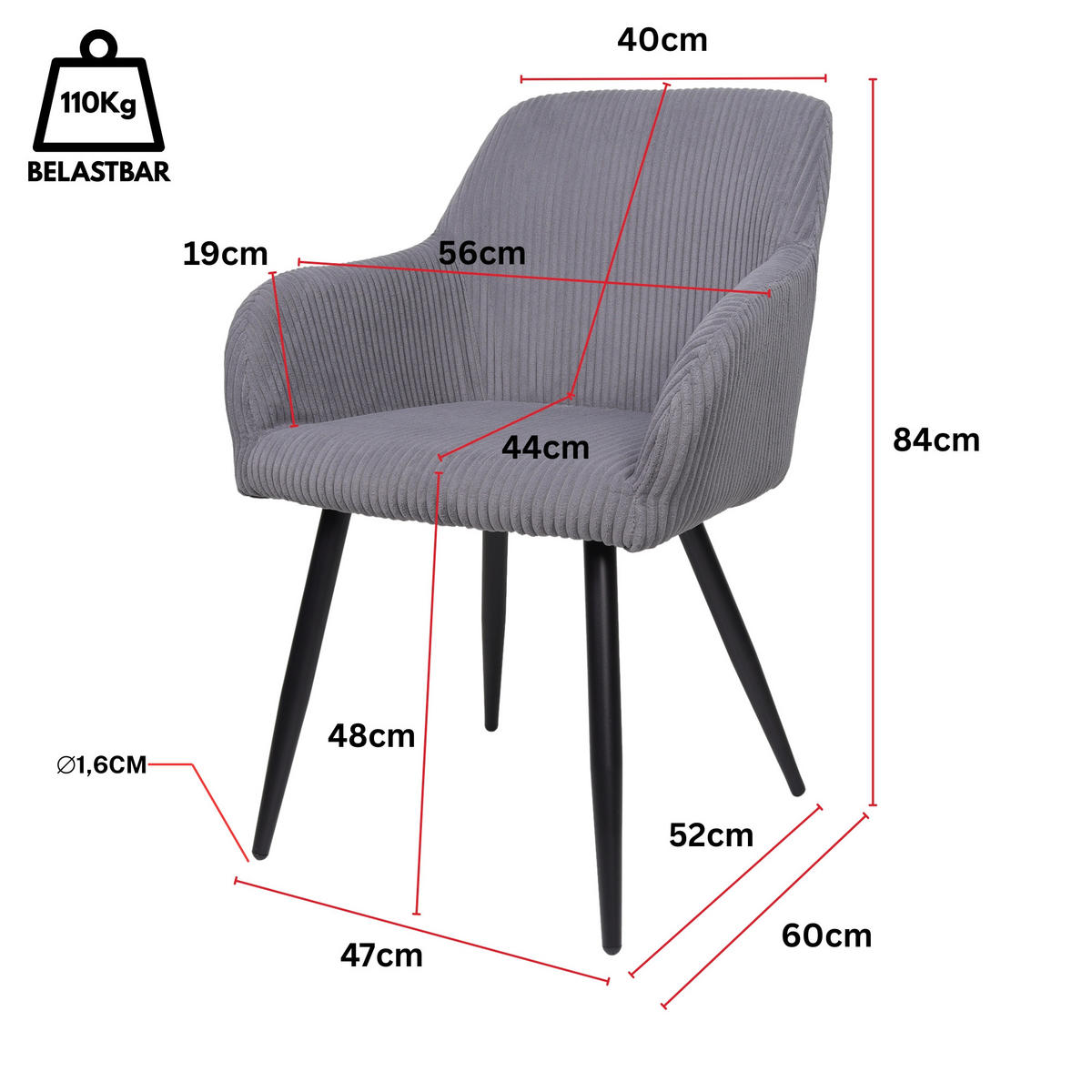 ESSZIMMERSTUHL SILA Grau 2er-Set, Cord Bezug - Grau, Textil (56/84/60cm)