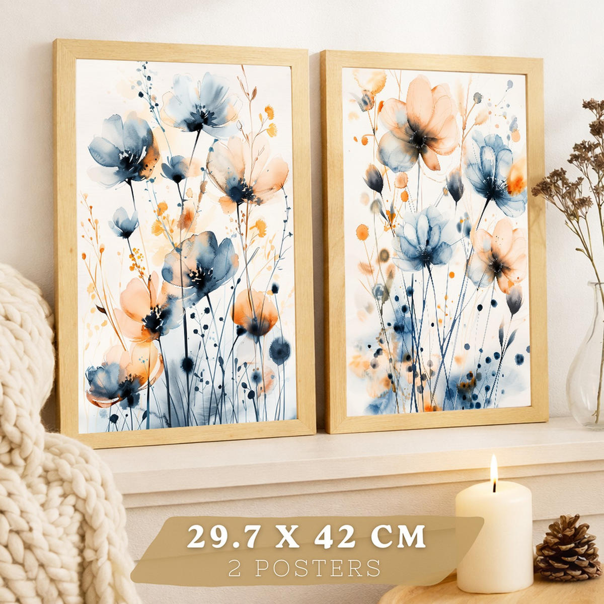 PLAKAT Sada 2 Modro-oranžový květ A4 bez rámu - čirá, papír (29.7/1/21cm) - Nacnic