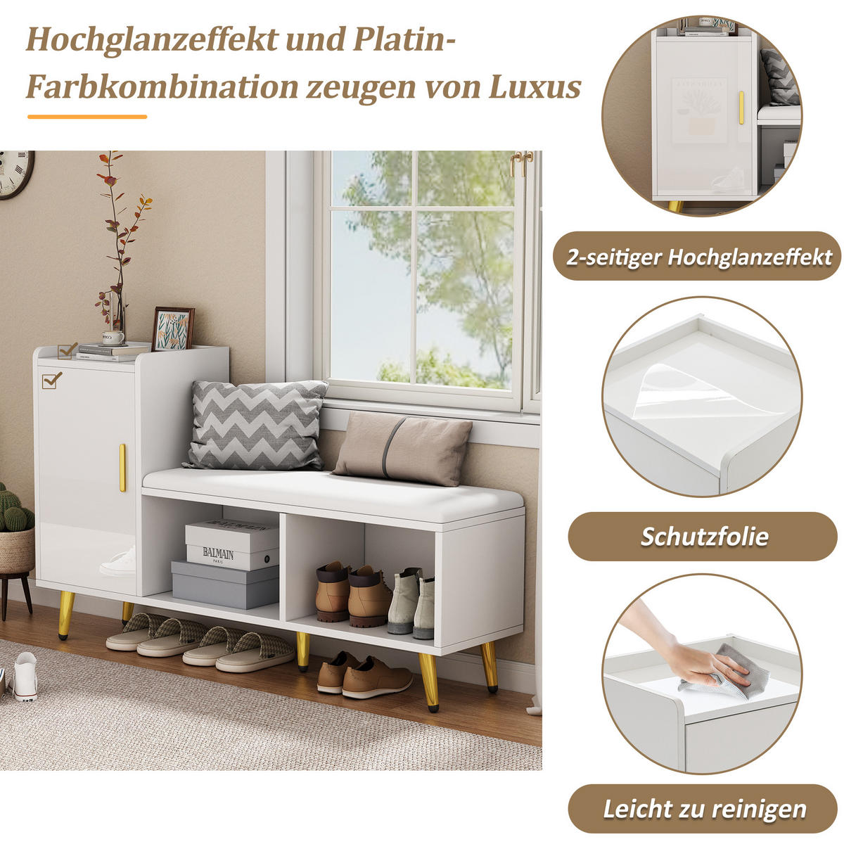 SCHUHSCHRANK Weiß Gold Sitzbank Hochglanz Stauraum Flur - Weiß, Holzwerkstoff (35/71.5/120cm) - FLIEKS
