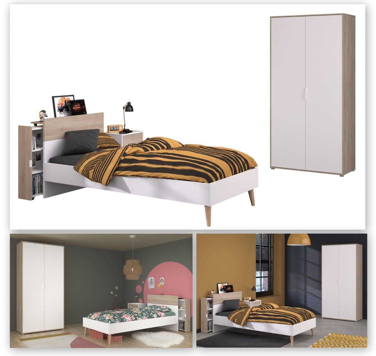 JUGENDZIMMER weiß, Eiche, Komplett-Set 4-teilig mit Stauraum - Eichefarben/Weiß, Holzwerkstoff/Kunststoff (95/205/206cm) - Parisot Meuble