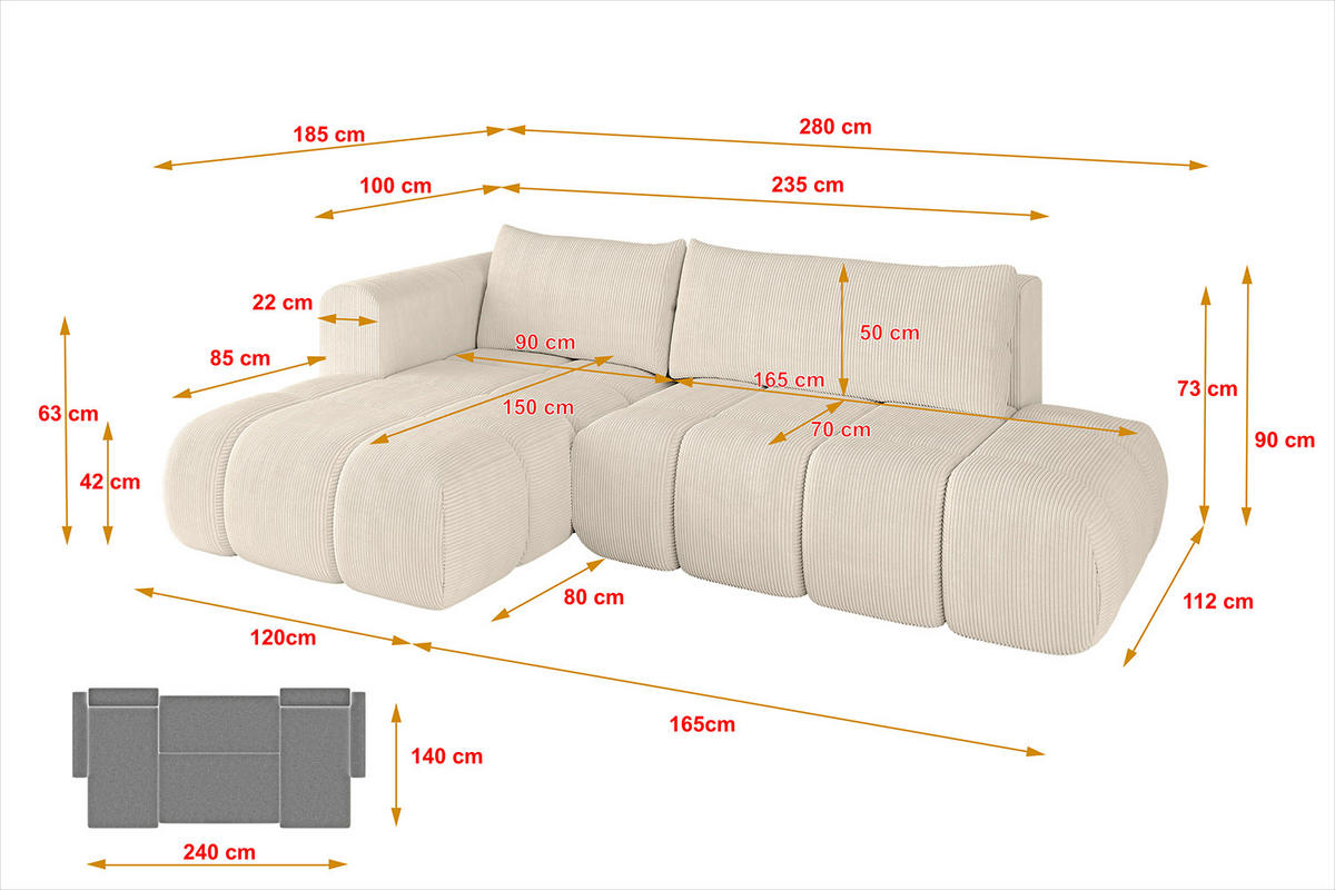 ECKSOFA Ottomane Links CLOUD-L 280x185x90 Beige Cord - Beige, Holzwerkstoff/Kunststoff (180/289cm) - ALTDECOR