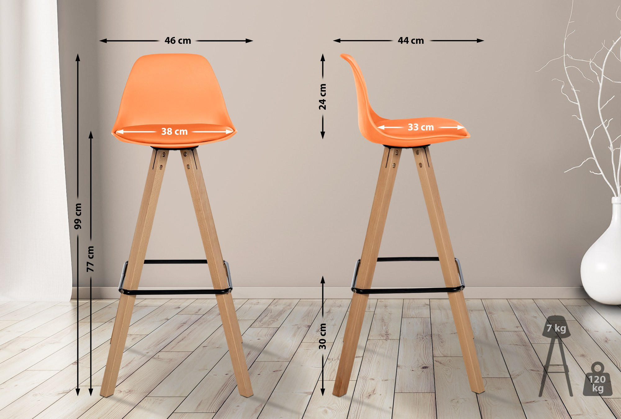 BARHOCKER PALMA Orange Kunstleder Braun - Orange, Leder/Holz (38/99/44cm) - DELUKE