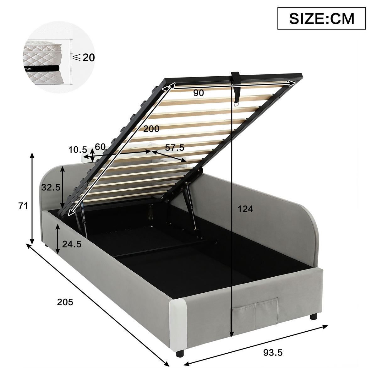 DĚTSKÁ čalouněná postel 90/200 cm s hydraulickým úložným prostorem, měkkou zábranou a pravou bočnicí, bílá/šedá - šedá, textil (90/200cm) - Redom