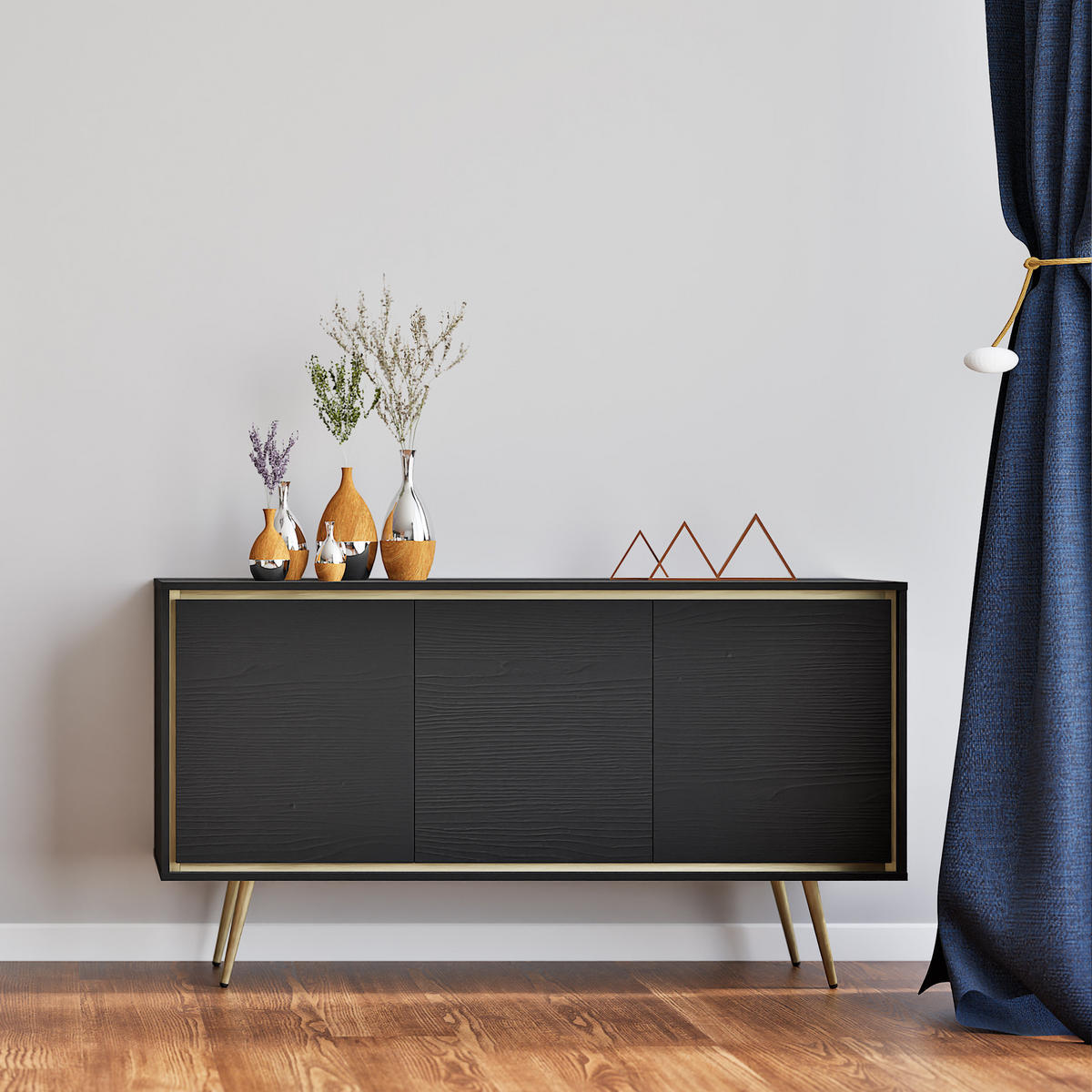 KOMMODE Lori mit 3 Türen, Push-to-open-Öffnung, schwarz - Schwarz, Holzwerkstoff/Metall (150/80/40cm) - Beautysofa