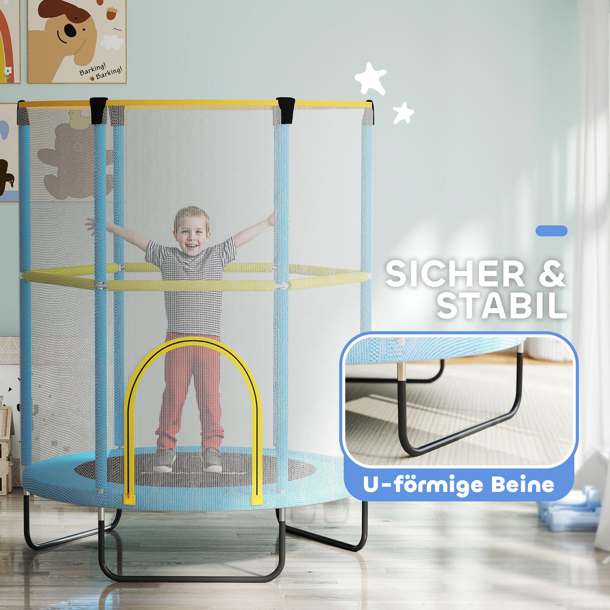 KINDER TRAMPOLIN, Blau+Gelb, Stahl, Kunststoff - Blau, Metall (140/140cm) - AIYAPLAY