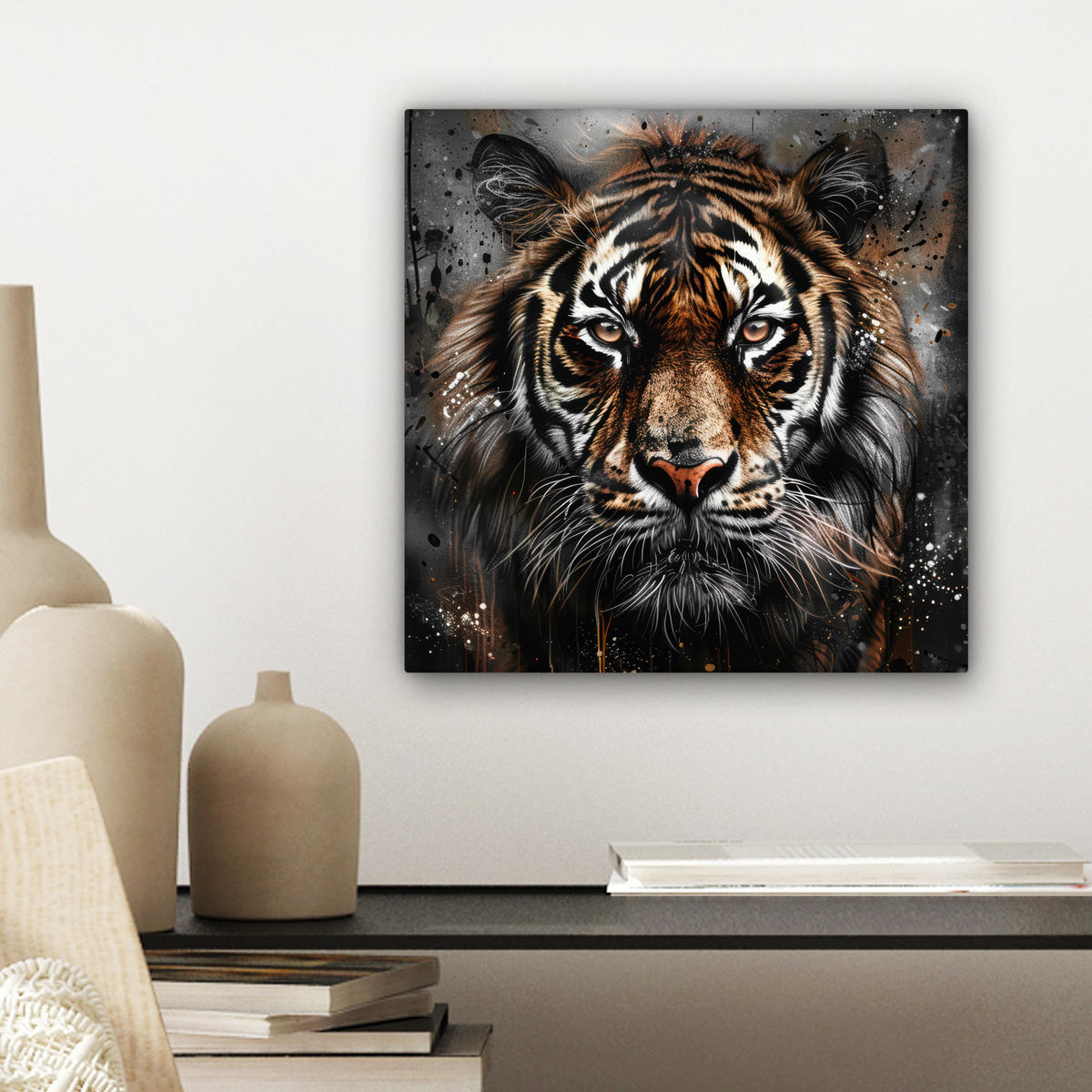 LEINWANDBILD Tiger - Tiere - Porträt - Luxus - Schwarz Deko Wohnzimmer 20x20 cm - Anthrazit, Textil (20/20cm) - MuchoWow