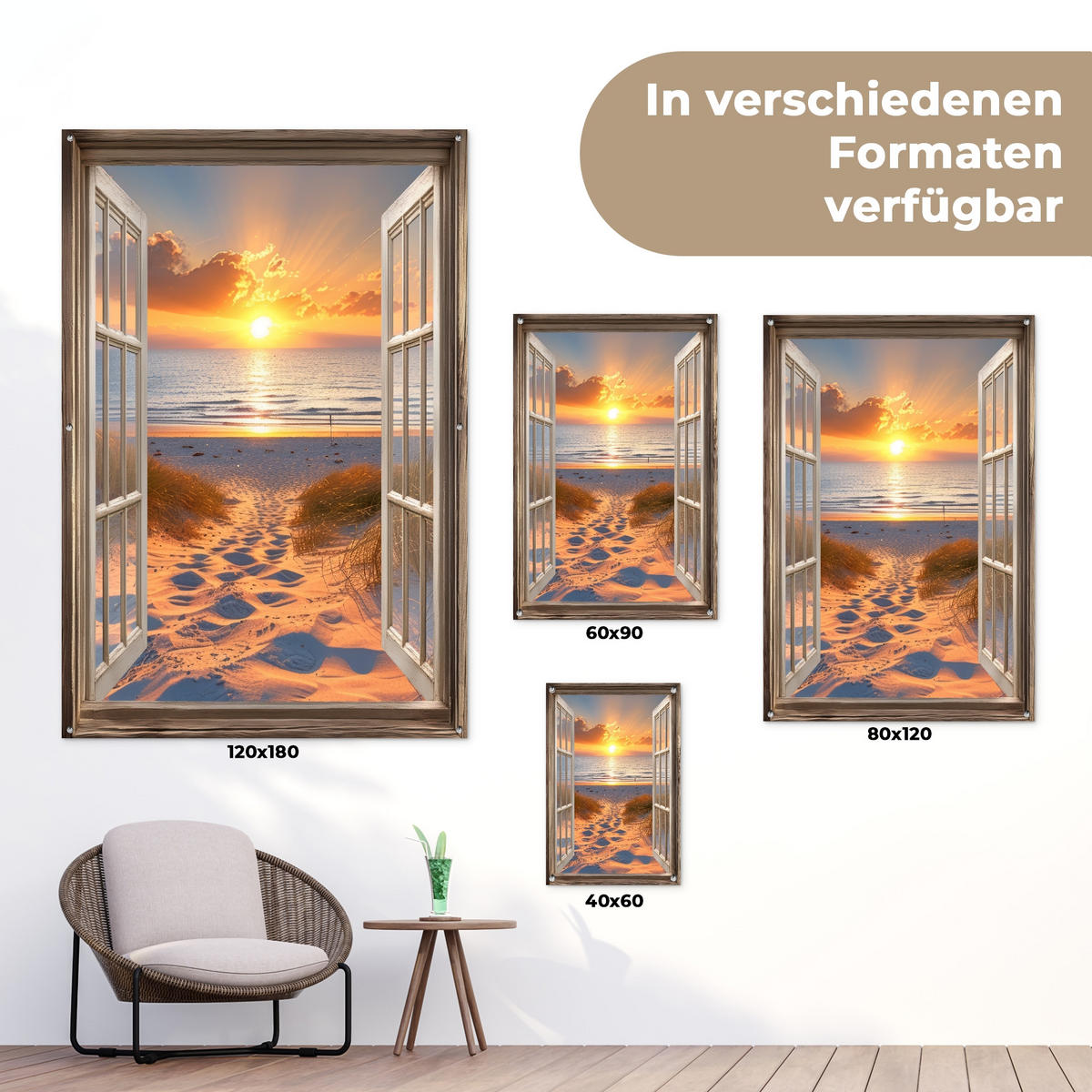 GARTENPOSTER Durchblick - Strand - Dünen - Sonnenuntergang 120x180 cm - Orange, Kunststoff (120/180/0.2cm) - OnlyWow