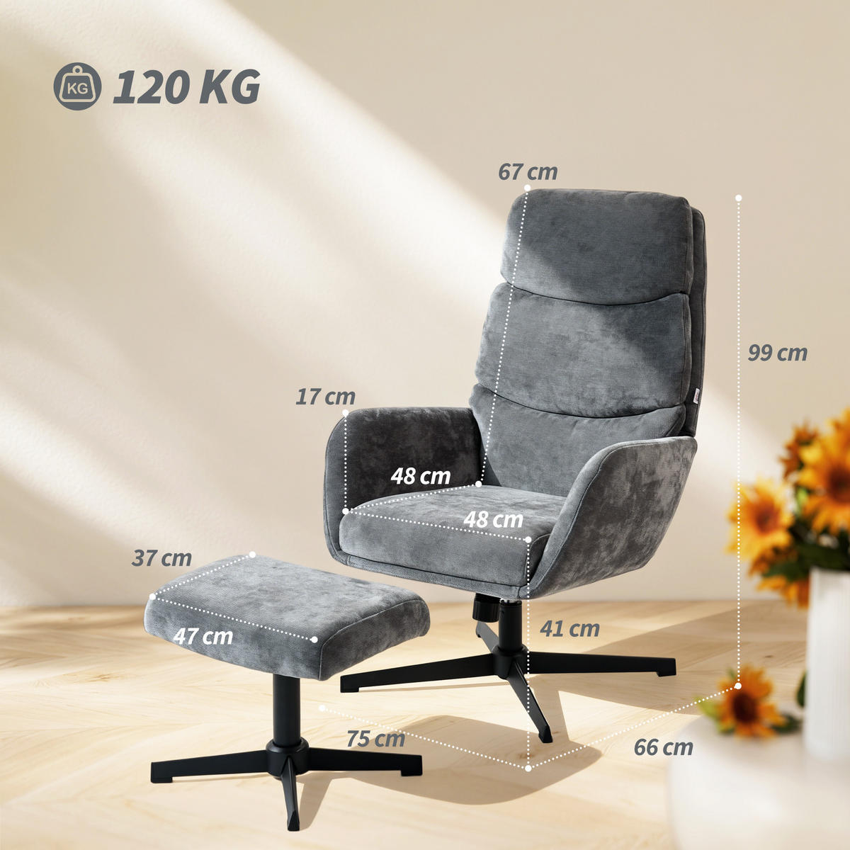 RELAXSESSEL mit Hocker, Fernsehsessel mit hoher Rückenlehne Wippfunktion Grau - Schwarz/Grau, Textil/Metall (66/99/75cm) - HOMCOM