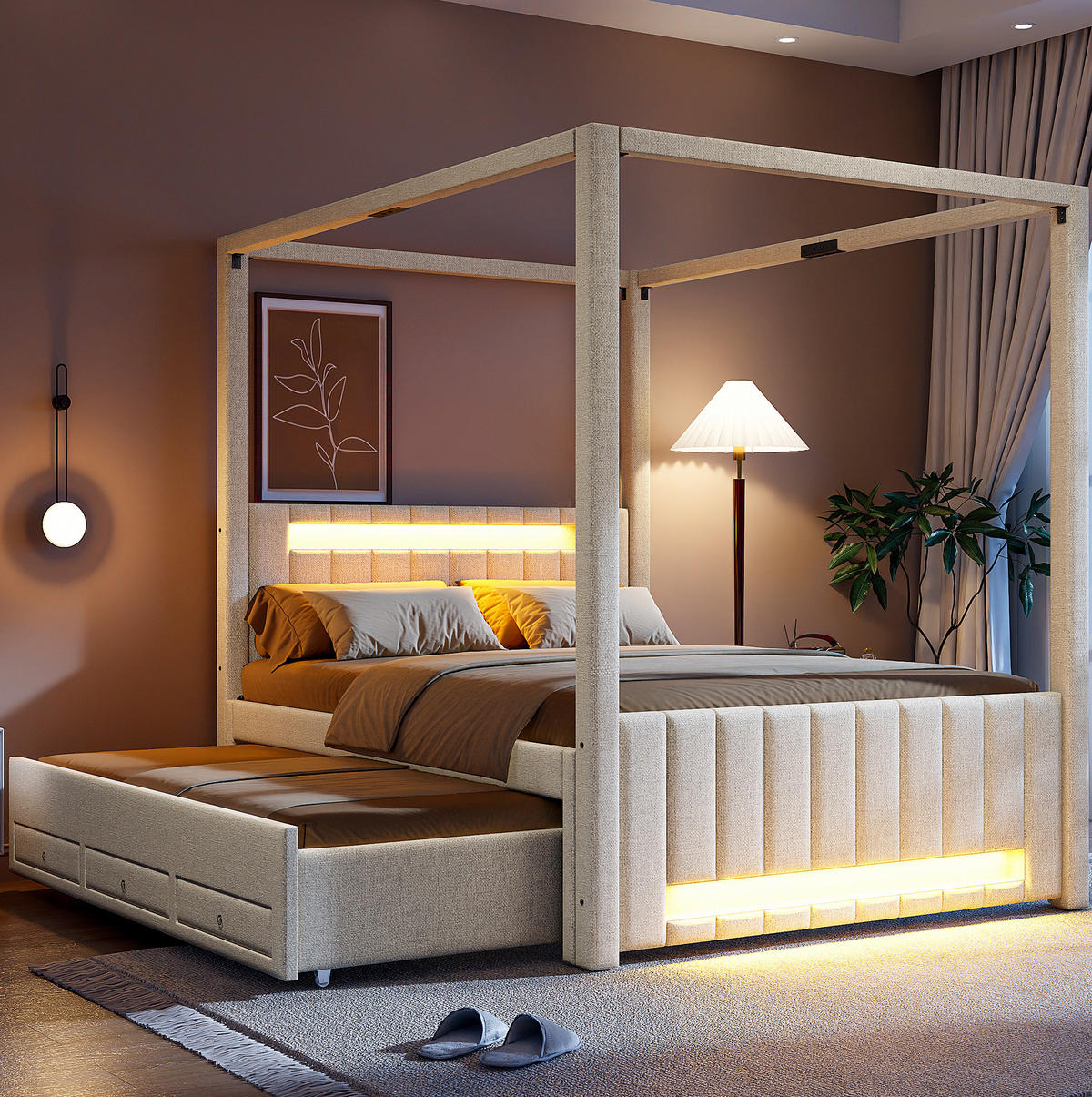 POLSTER-HIMMELBETT 140/200 cm mit Ausziehbett, 3 Schubladen und LED-Beleuchtung, Beige - Beige, Textil (140/200cm) - Redom