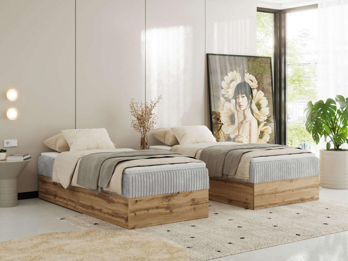 BOXBETT WOOD ZERO 90/200 - Hellgrau Cord - H4 - Topper T25 - Hellgrau, Textil (90/200cm) - MKS