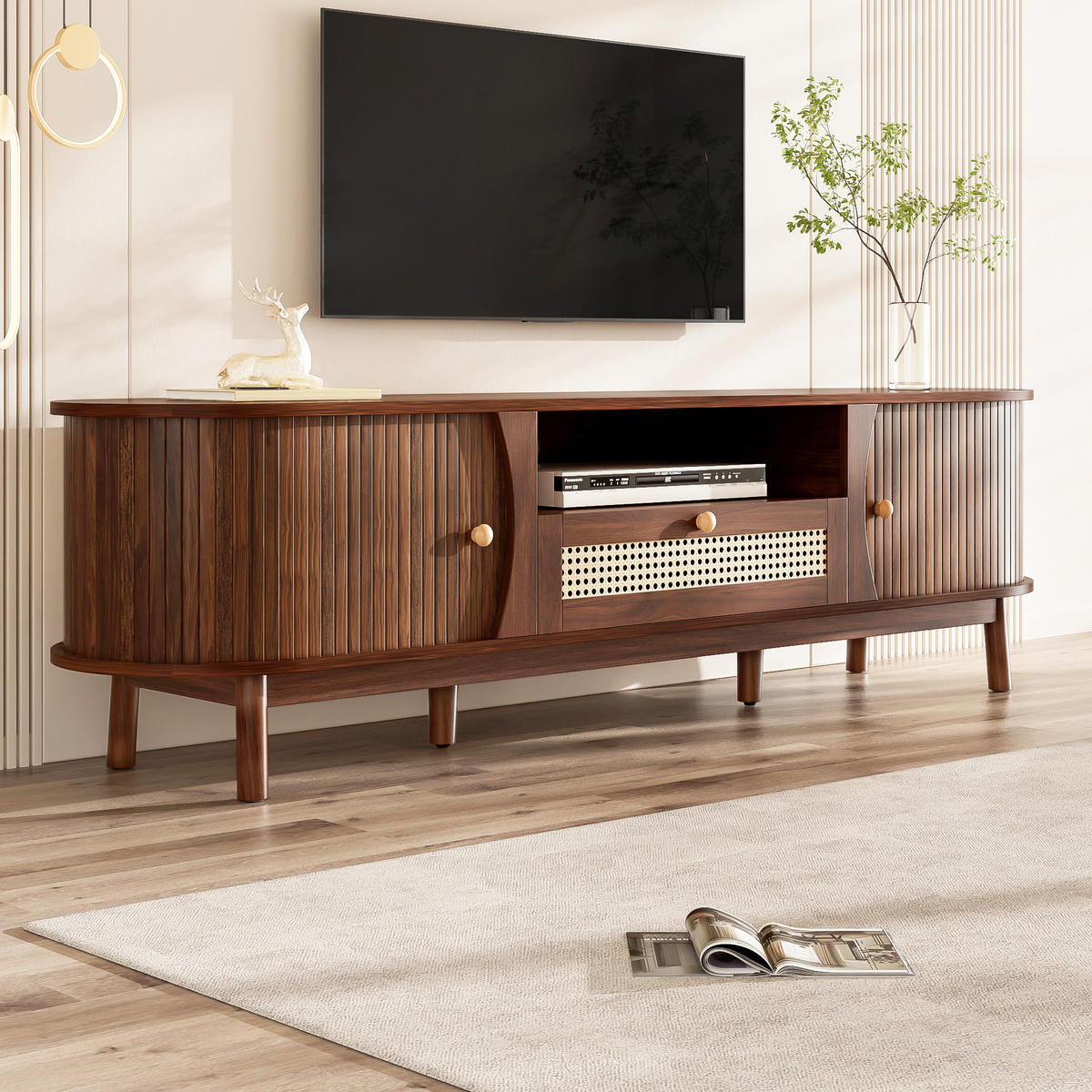 TV-SCHRANK Rattan Landhaus Türen Schubladen Massivholz - Walnussfarben, Holzwerkstoff (37/46/165cm) - FLIEKS