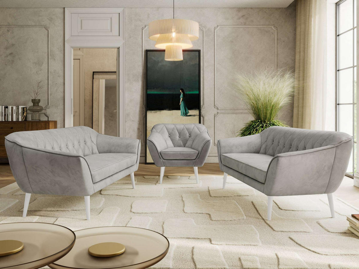 SEDACÍ SOUPRAVA 3+3+1 PIRS - Světle šedá Samet - Bílé nohy - bílá/světle šedá, kompozitní dřevo/textil (180/75/74cm) - MKS