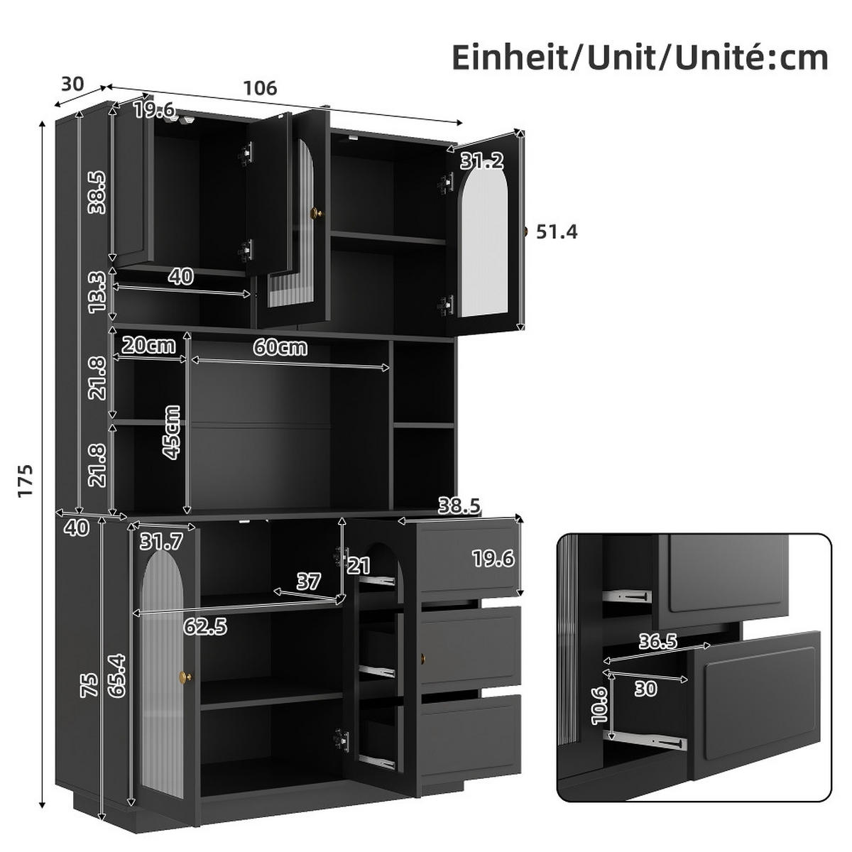 KÜCHENSCHRANK, Küchen Stauraumschrank mit Acryltüren, APP-gesteuerte LED-Beleuchtung, MDF Schwarz, 106/30/175 cm - Schwarz, Kunststoff (30/175/106cm) - Rolipo