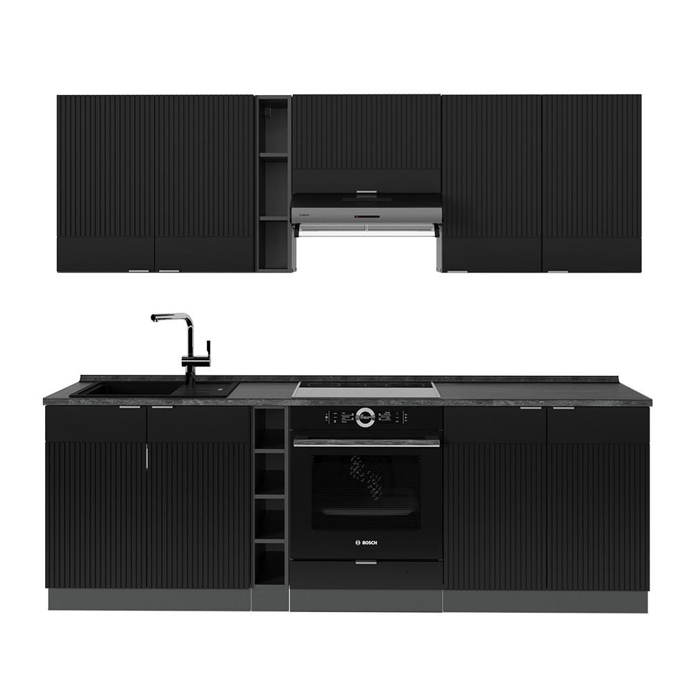 KÜCHENZEILE Fame-Line, Schwarz gestreift/Anthrazit, 235 cm ohne Arbeitsplatte - Anthrazit/Schwarz, Holzwerkstoff (235/81.6/46cm) - Vicco