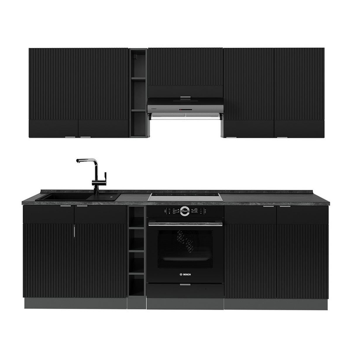 KÜCHENZEILE Fame-Line, Schwarz gestreift/Anthrazit, 235 cm ohne Arbeitsplatte - Anthrazit/Schwarz, Holzwerkstoff (235/81.6/46cm) - Vicco