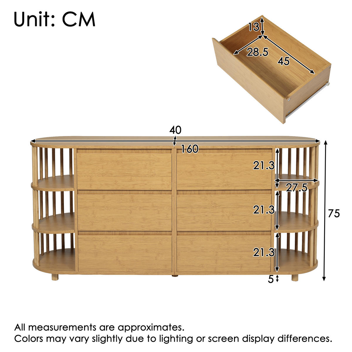 SIDEBOARD in Eiche-Optik mit 6 Schubladen, Bambusregalen und höhenverstellbaren Füßen, 160/40/75 cm,Eichefarben - Eichefarben, Holzwerkstoff (160/75/40cm) - Redom