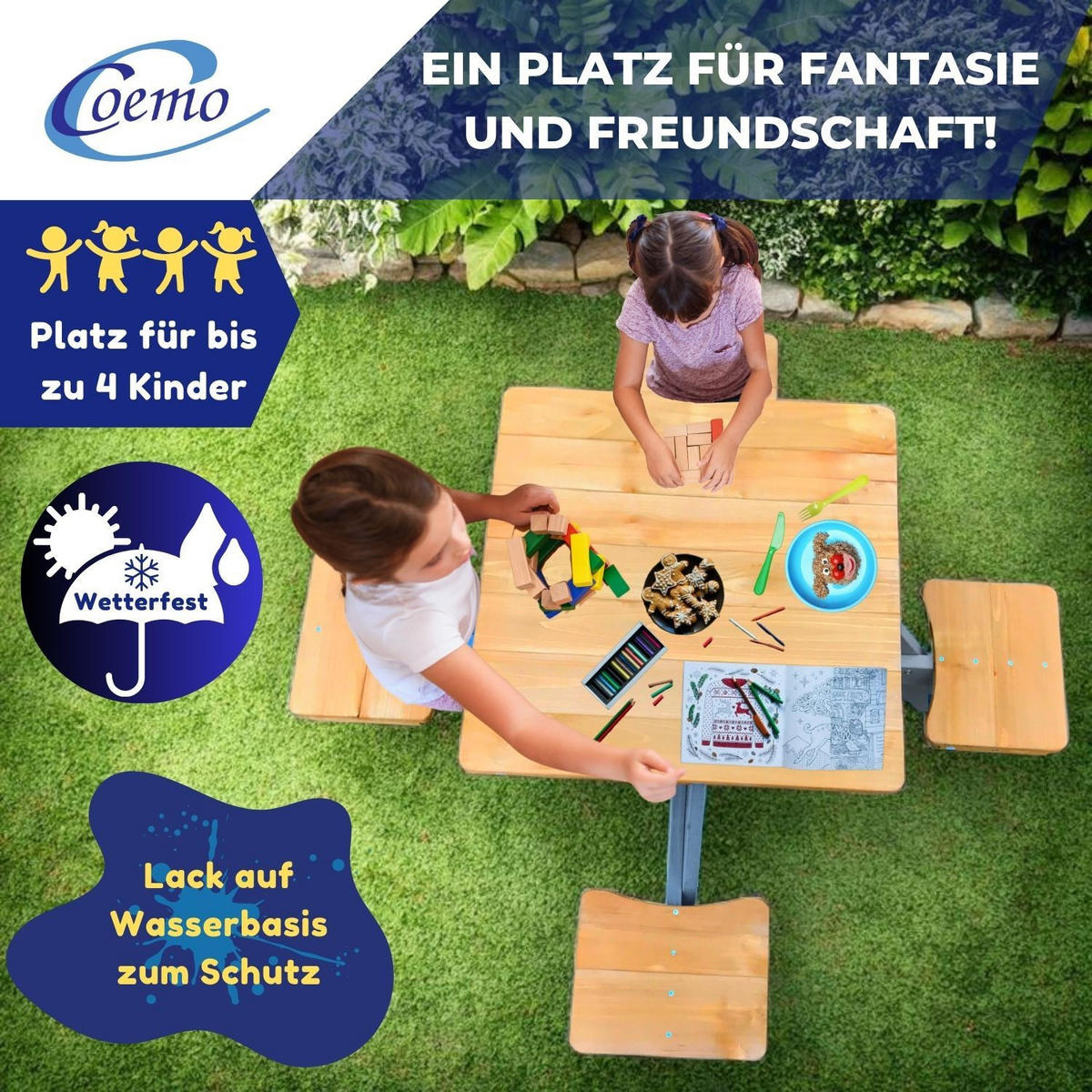 KINDER-PICKNICKTISCH ROMY 1 Tische 4 Sitze 109/109/56 cm - Braun, Holz - Coemo