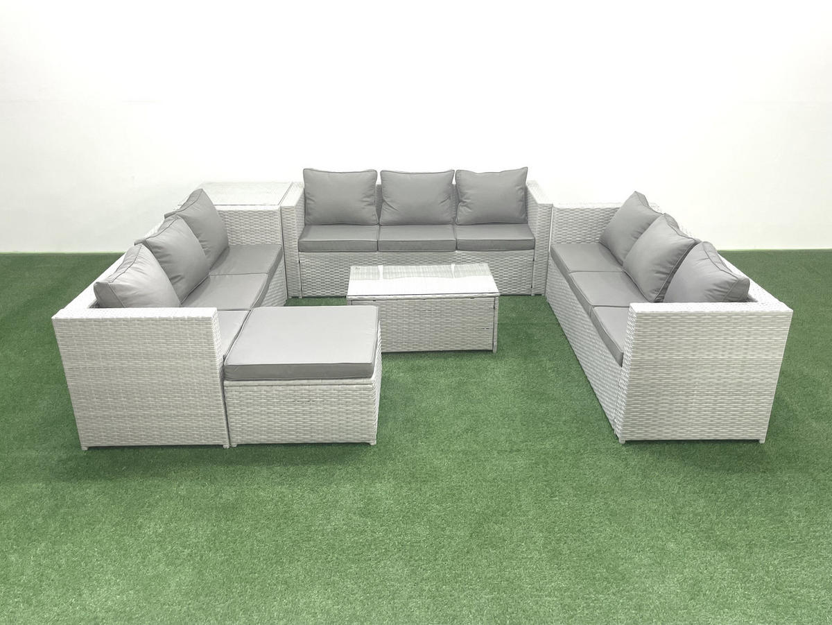 GARTENSET mit 3-SITZER SOFA,COUCHTISCH Polyrattan Hellgrau-Mix 10-Sitzer - Hellgrau/Grau, Glas/Kunststoff - Fimous