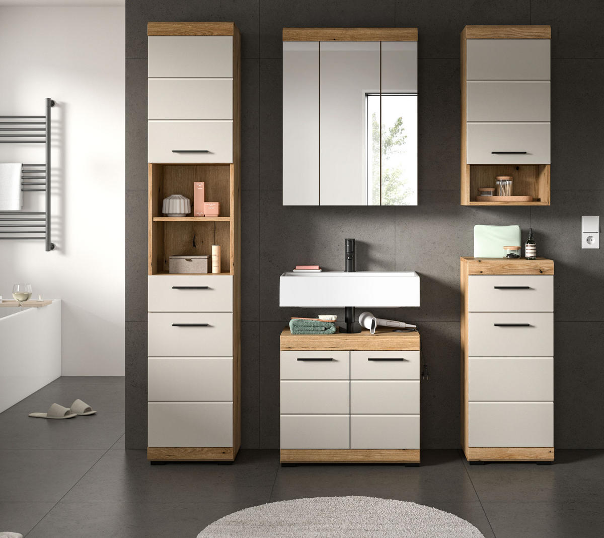 BADMÖBEL-SET Sand Kashmir, Evoke Eiche, Badkombination 164 cm 5-teilig - Kaschmir/Eichefarben, Glas/Holzwerkstoff (164/191/34cm) - Inn.Furn