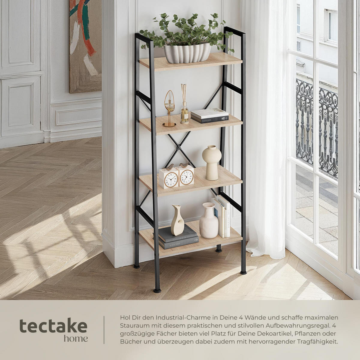 LEITERREGAL Newcastle,inklusive Kippschutz, 57,5 x 35,5 x 139 cm,Industrial Holz hell, Eiche Sonoma - Naturfarben, Holz (35.5/139/57.5cm) - tectake