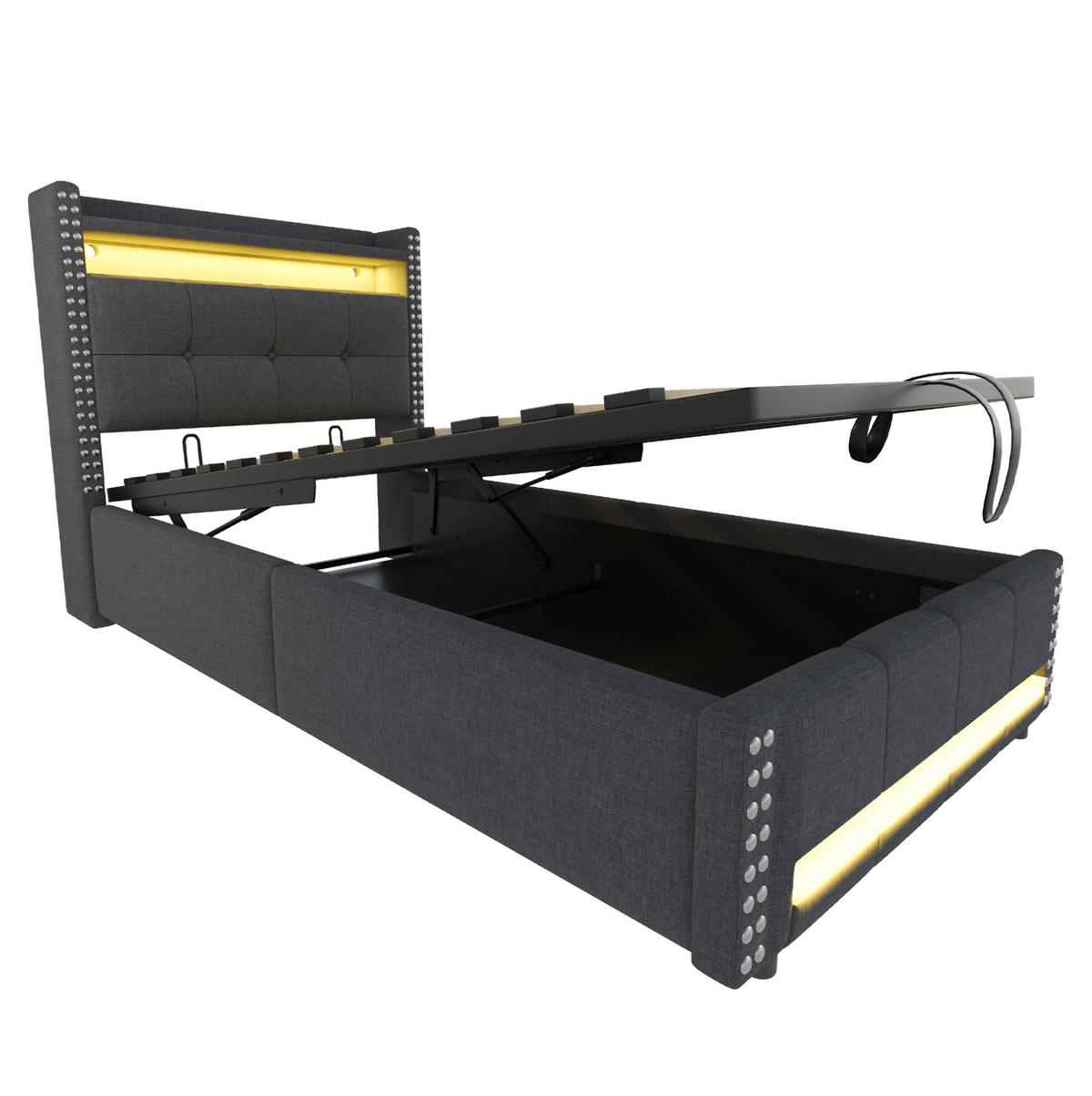 POLSTERBETT 90/200 cm Grau mit LED-Beleuchtung, USB-Anschluss und Stauraum - Grau, Textil (90/200cm) - Flora Grace