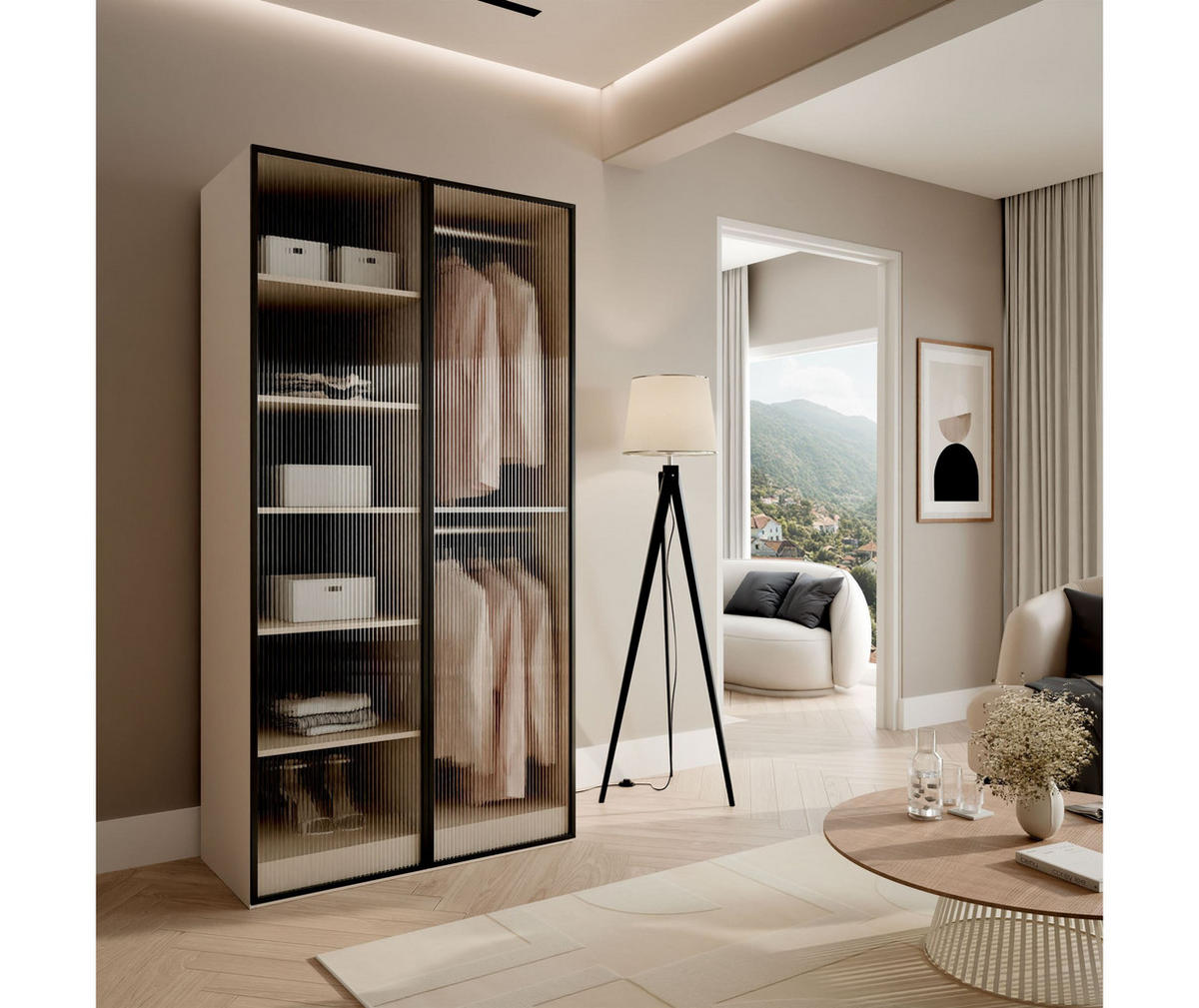 KLEIDERSCHRANK SANDBOX KASHMIR 100 101/49/200 cm Kaschmir / geriffeltes Glas mit LED 4 Zusatzböden - Kaschmir/Transparent, Holzwerkstoff/Kunststoff (101/200/49cm) - Lookway