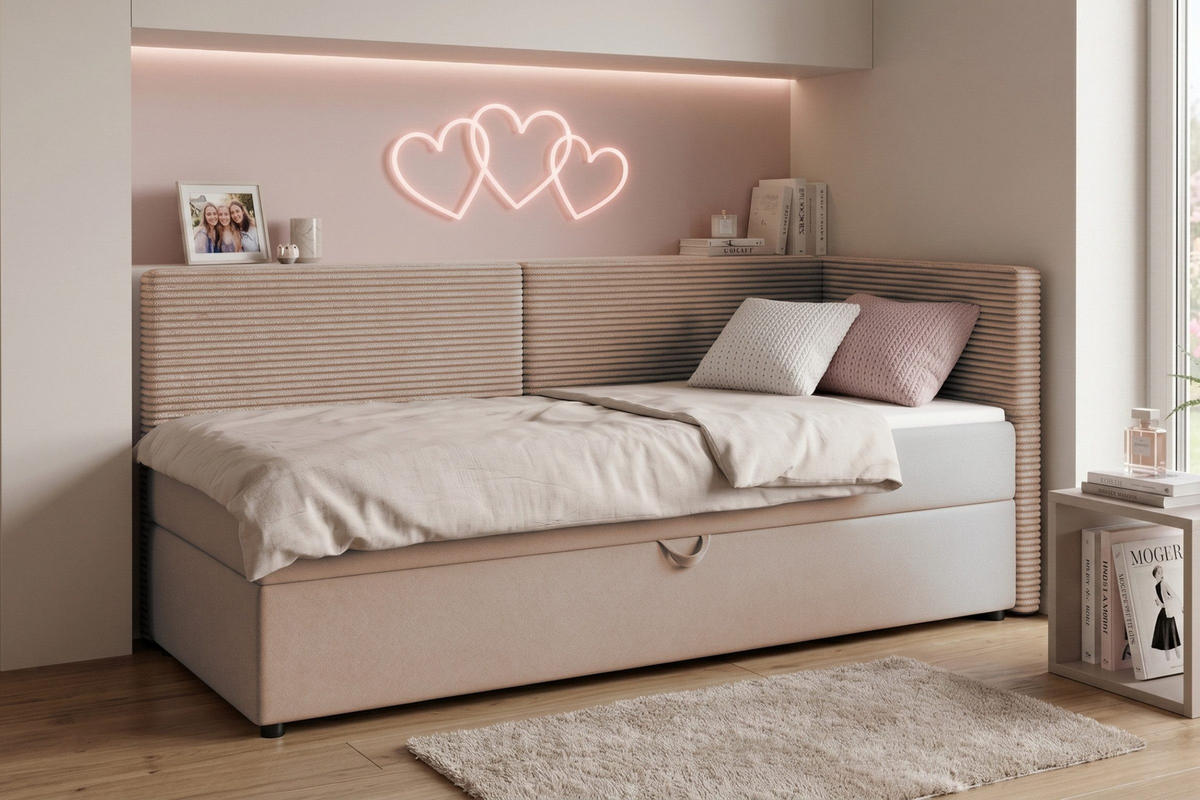 BOXBETT MILA 100/200 in Cord/Velours Beige H4 rechts - Beige, Holz/Holzwerkstoff (100/200cm) - Deine Möbel 24