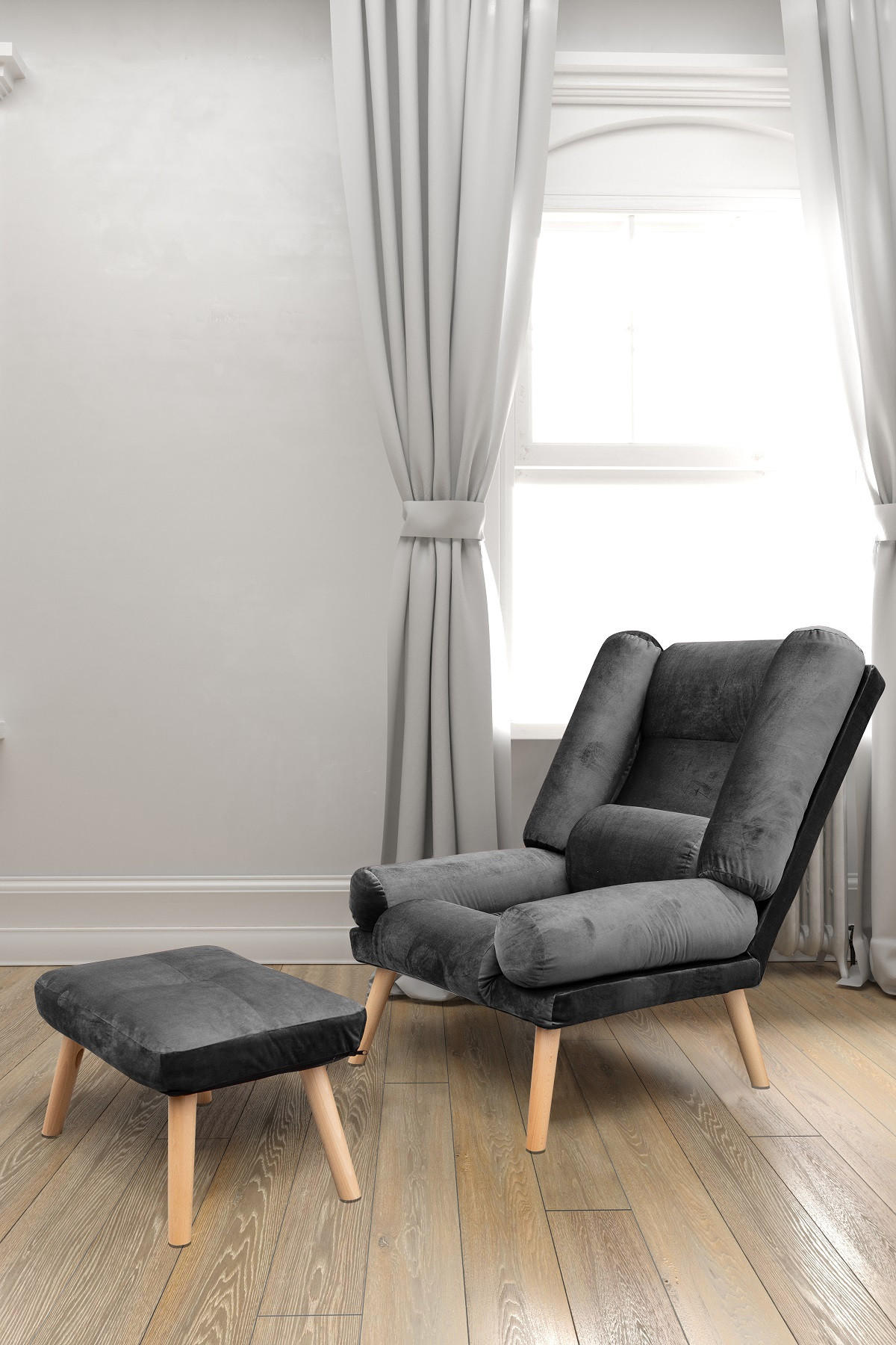 SESSEL Lola mit Fußhocker Rückenlehne 5-stufig einstellbar, dunkelgrau - Dunkelgrau/Grau, Holz/Kunststoff (75/100/60cm) - Margaret Hadas24