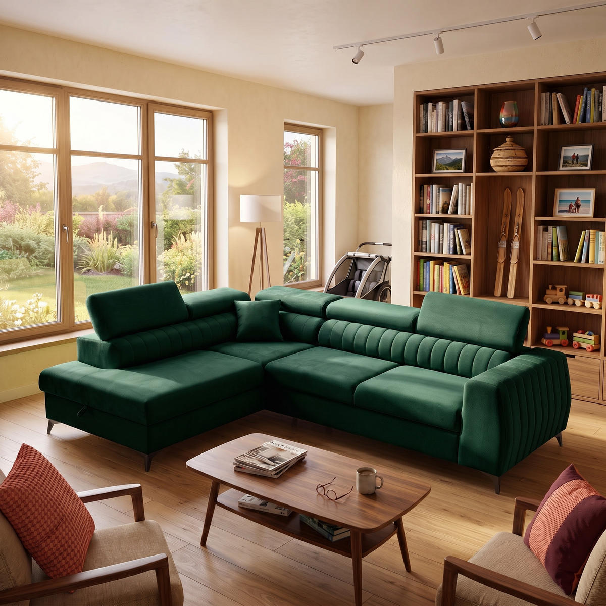 ECKSOFA PIERO L Links mit Schlaffunktion 195x125 Velours Dunkelgrün - Dunkelgrün/Schwarz, Holz/Textil (268/203cm) - Muffo