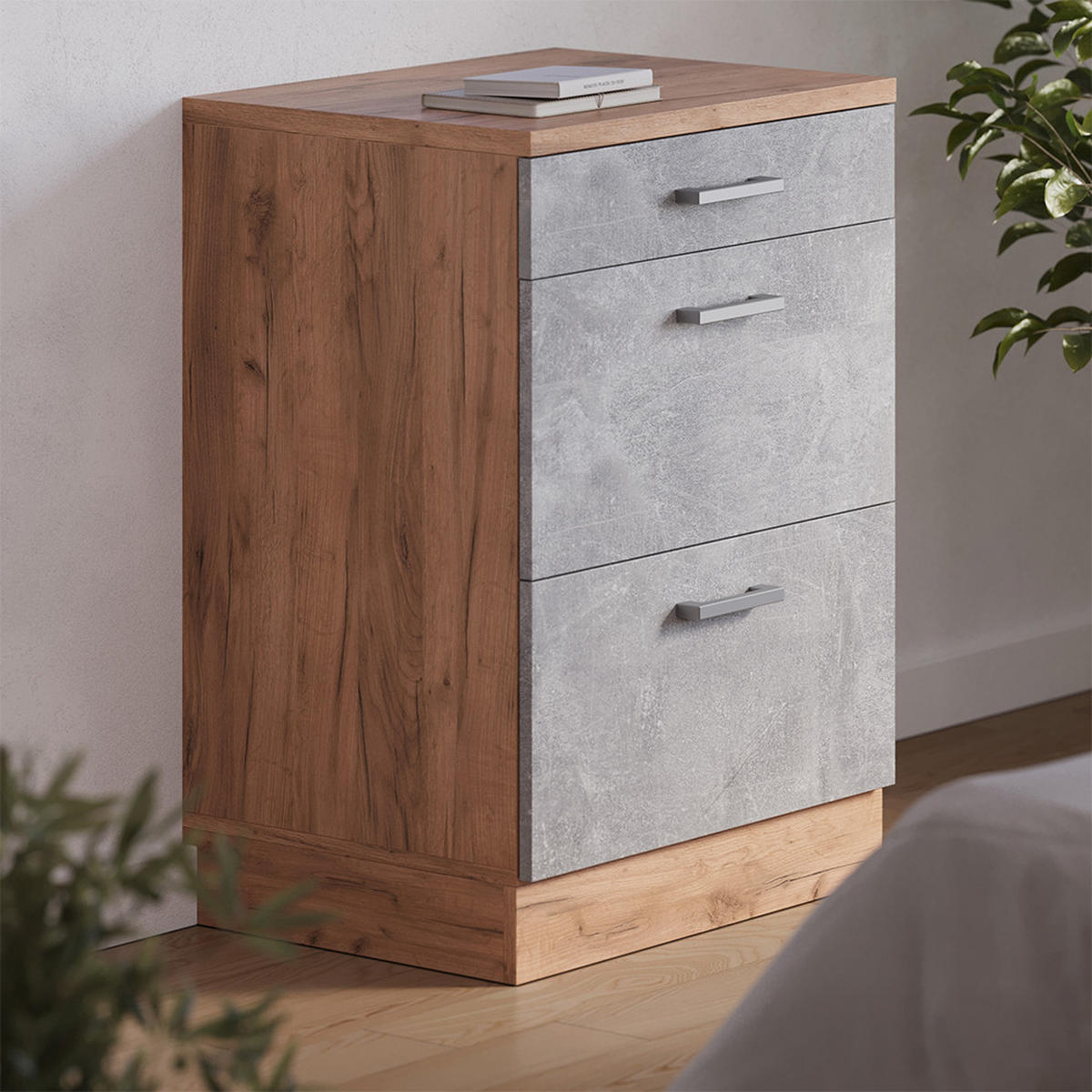 KUHINJSKA OMARA ZA POŠEVNE STREHE R-Line, Beton, 60 cm brez naklona z 3 predaloma - siva/medeni hrast, leseni material (60/83.8/46cm) - Vicco