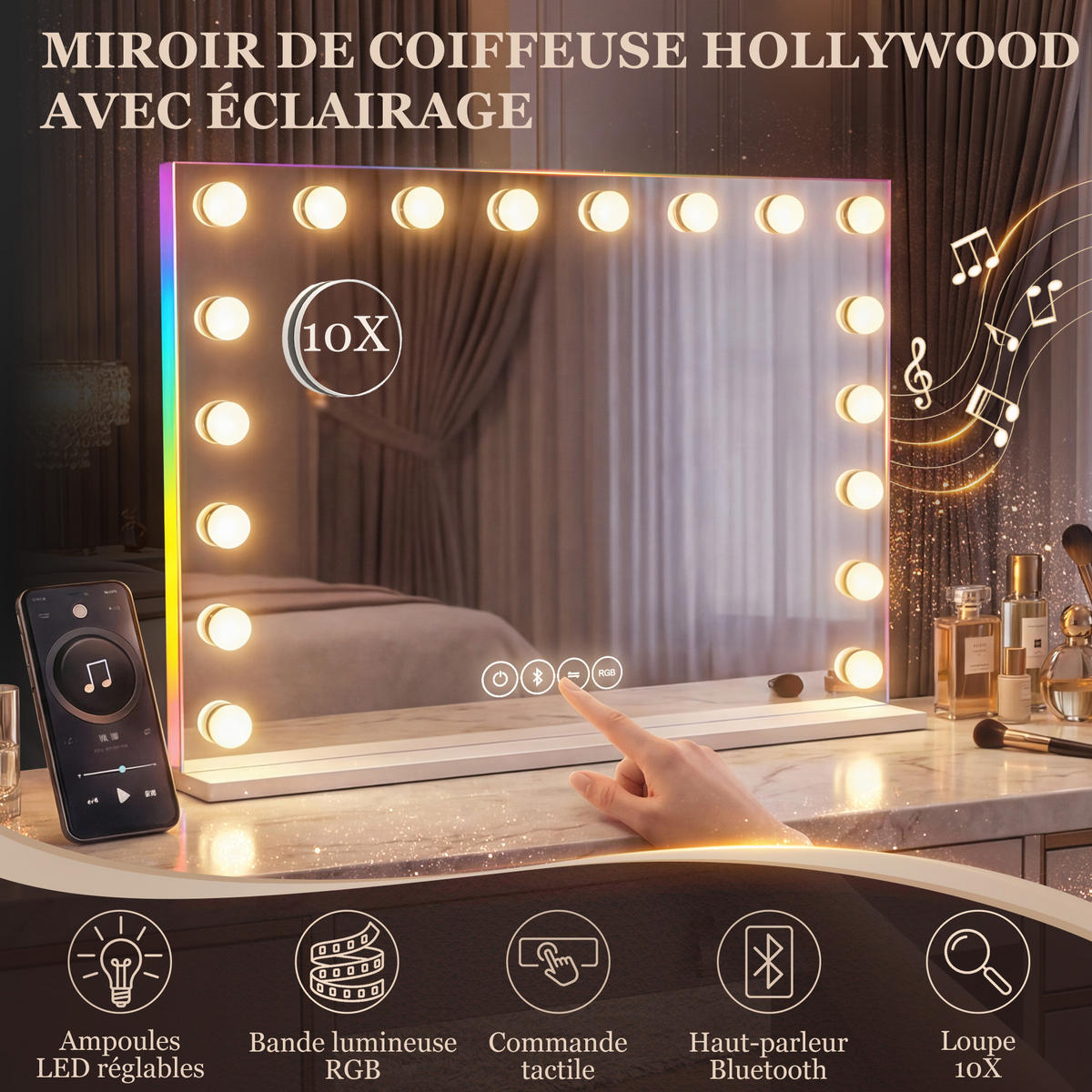 SCHMINKSPIEGEL DE-18035 18 LED, RGB Licht, Bluetooth Weiß - Weiß, Glas (14/80/60cm) - ComfortXL