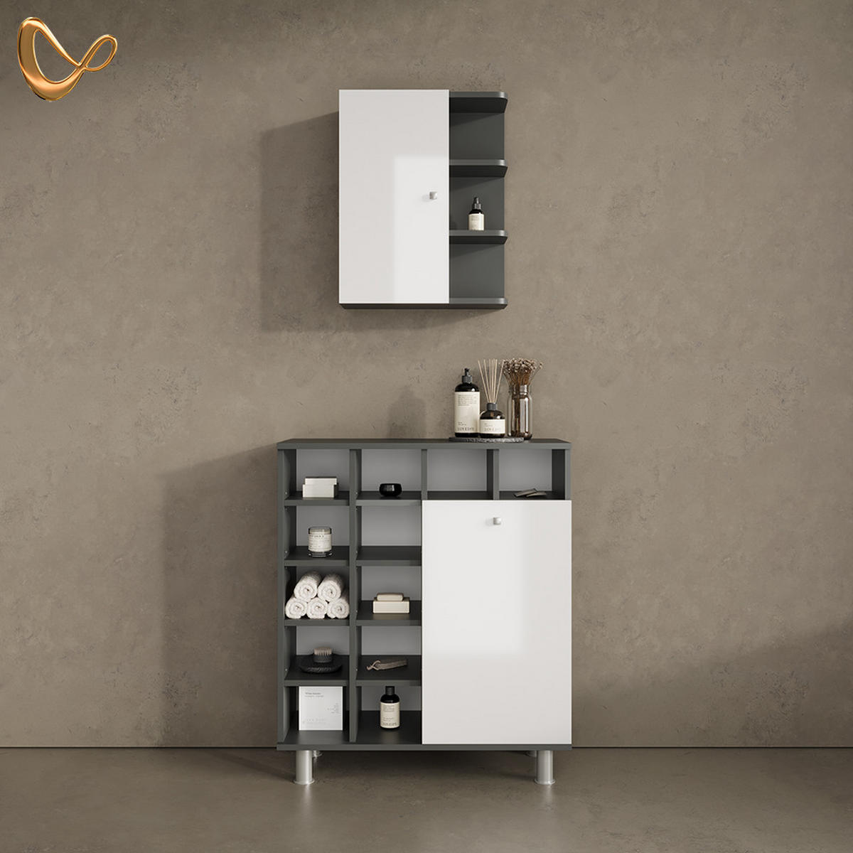 BADSCHRANK Fucino Weiß Hochglanz 47.2 x 59.2 cm - Weiß Hochglanz/Anthrazit, Holzwerkstoff (47.2/59.2/20.8cm) - Livinity®