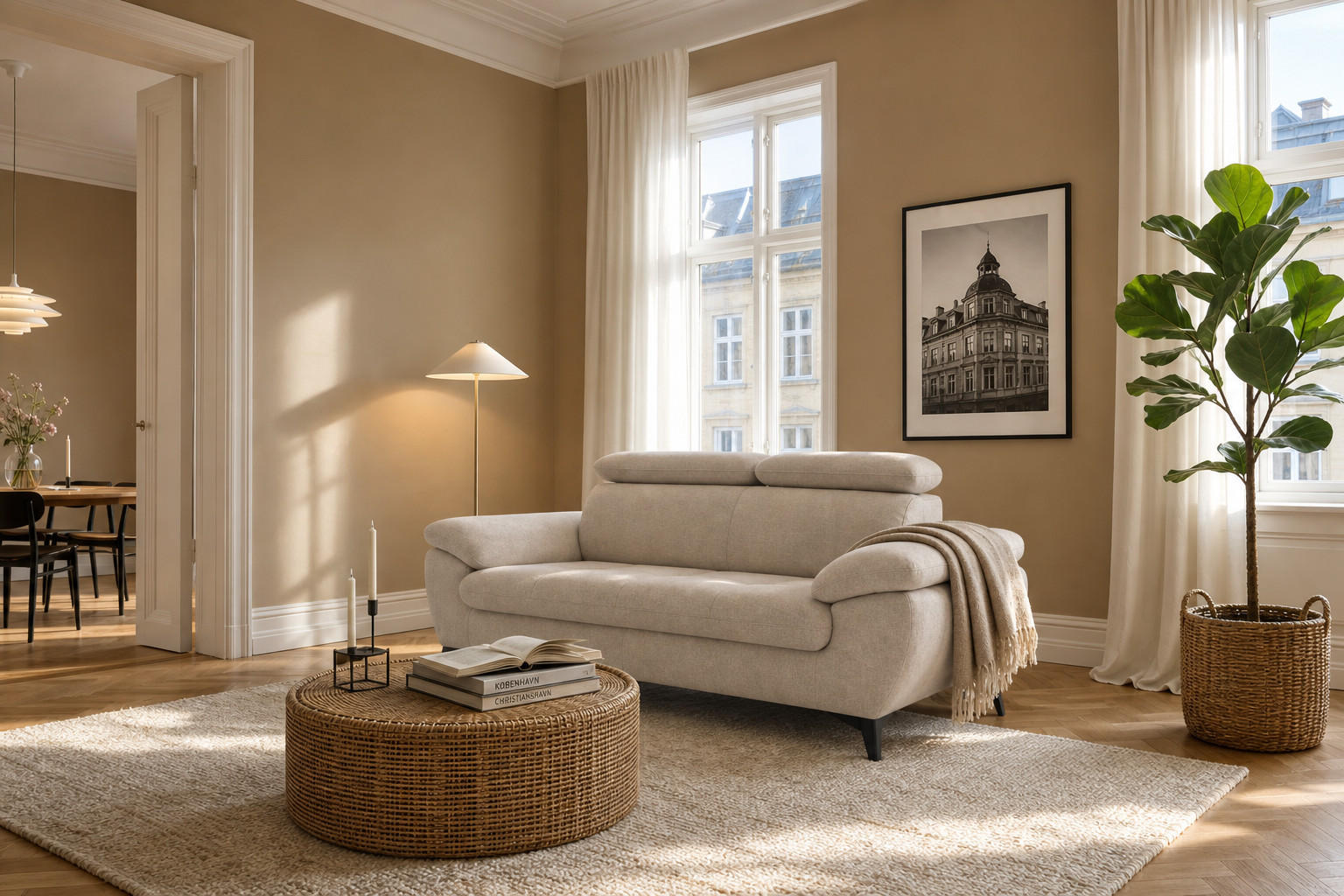 2,5-SITZER Karlstad Chenille Beige verstell. Kopfstützen B 194 cm - Taupe, Kunststoff/Textil (194/84/100cm) - foamnova