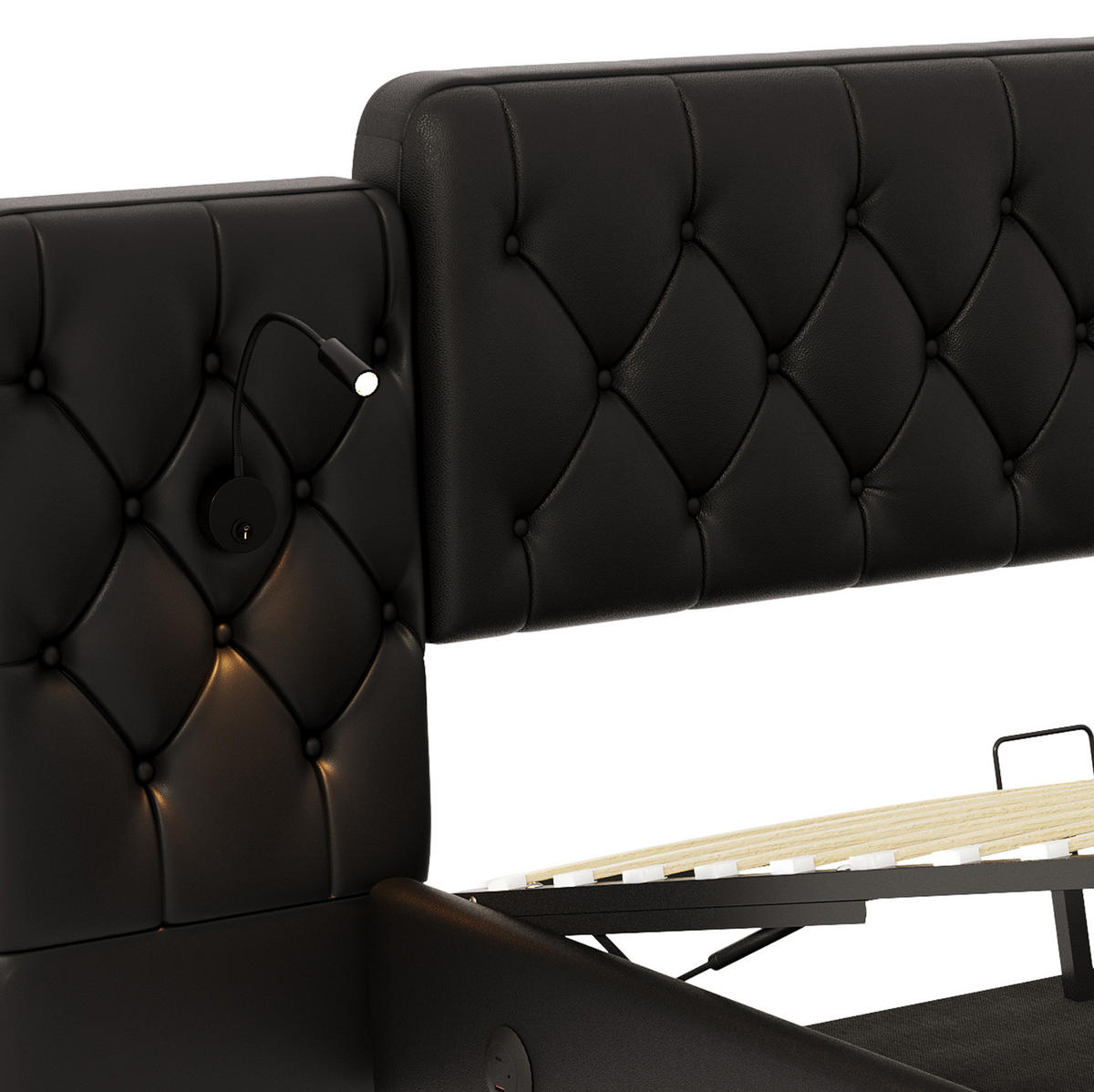 BETT mit Stauraum und USB 160x200 cm PU-Leder Schwarz - Schwarz, Metall (160/200cm) - Meubliv