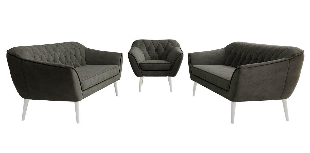 SEDACIA ZOSTAVA 3+3+1 PIRS - Tmavosivá Samet - Biele nohy - biela/tmavosivá, kompozitné drevo/textil (180/75/74cm) - MKS