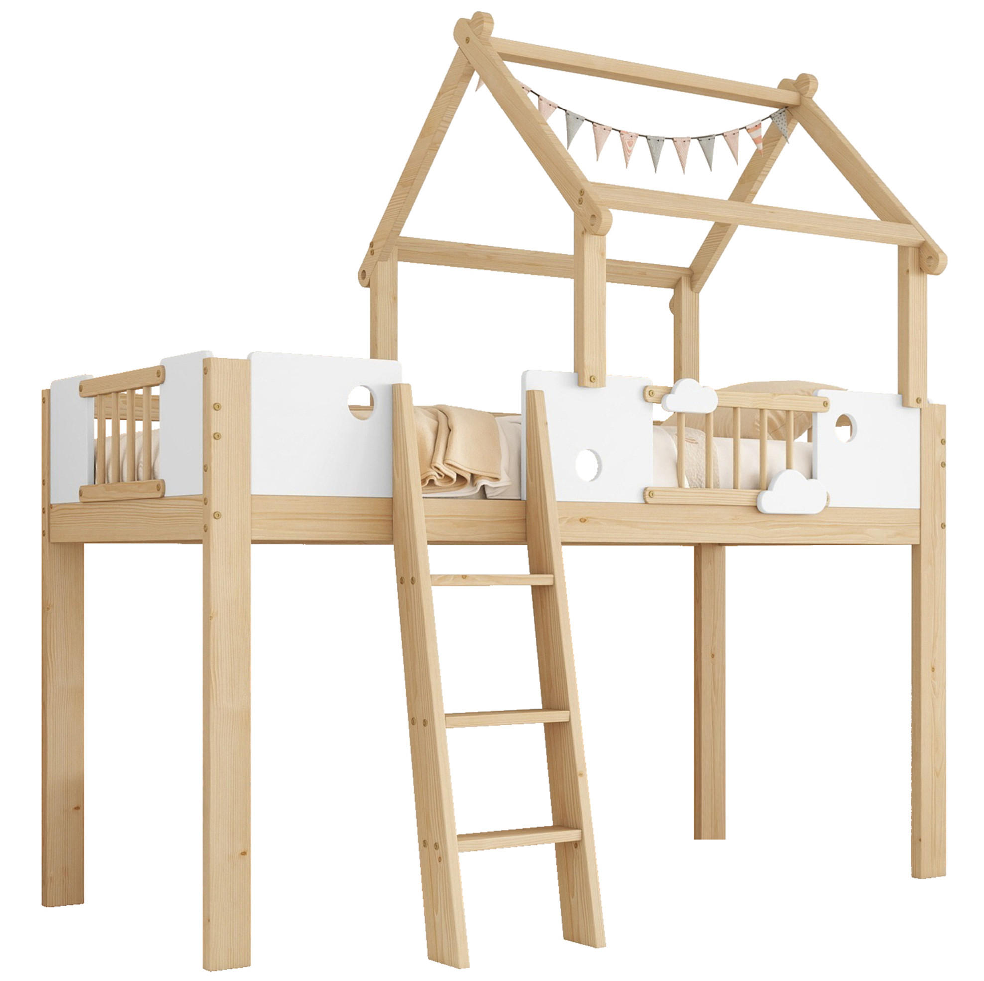 HOCHBETT 90/200 cm in Weiß/Natur mit Dachdesign und Fallschutz - Naturfarben, Holzwerkstoff (90/200cm) - Flora Grace