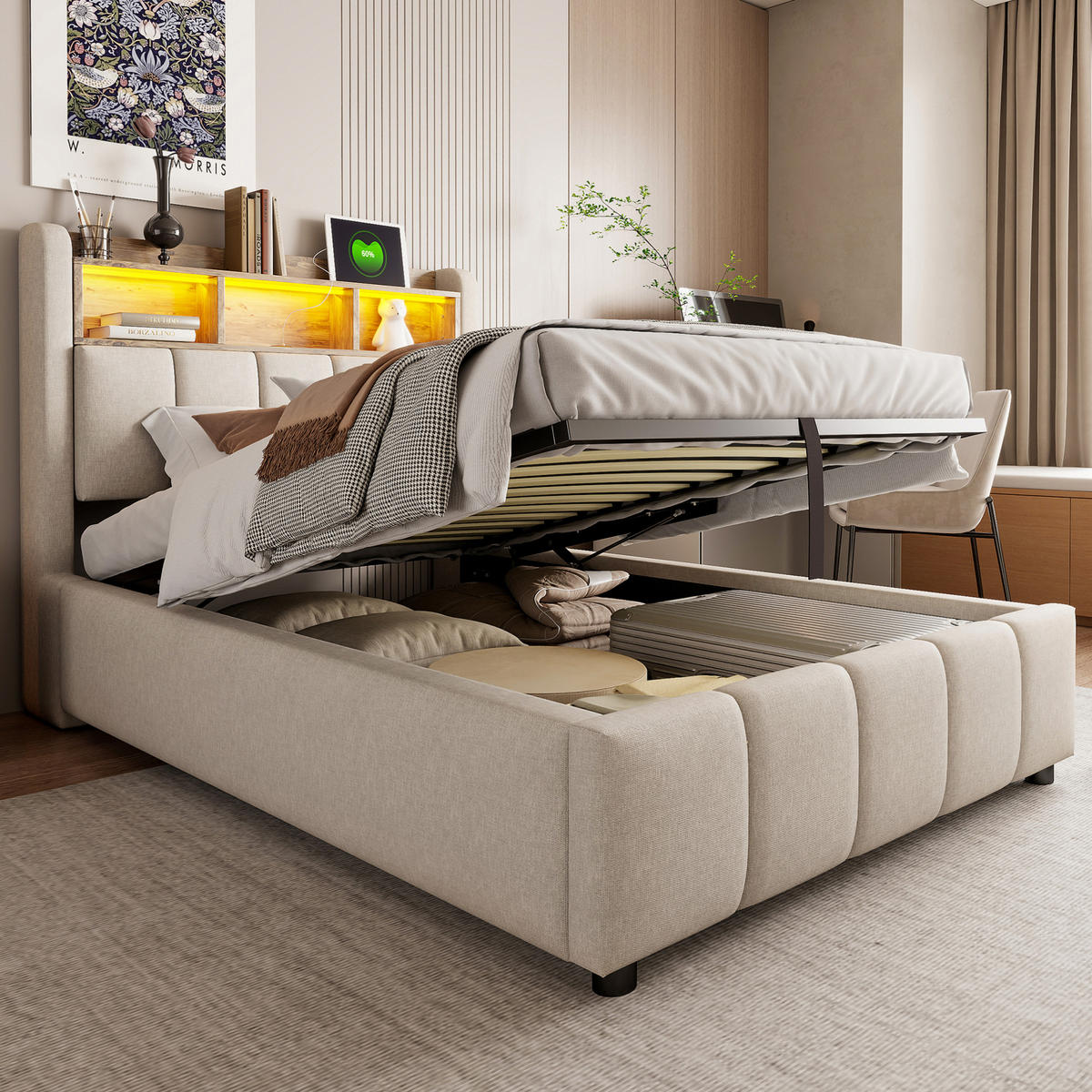 POLSTERBETT 90/200 cm mit LED-Beleuchtung, Bettkasten und gepolstertem Kopfteil - Beige, Textil (90/200cm) - BEAOK