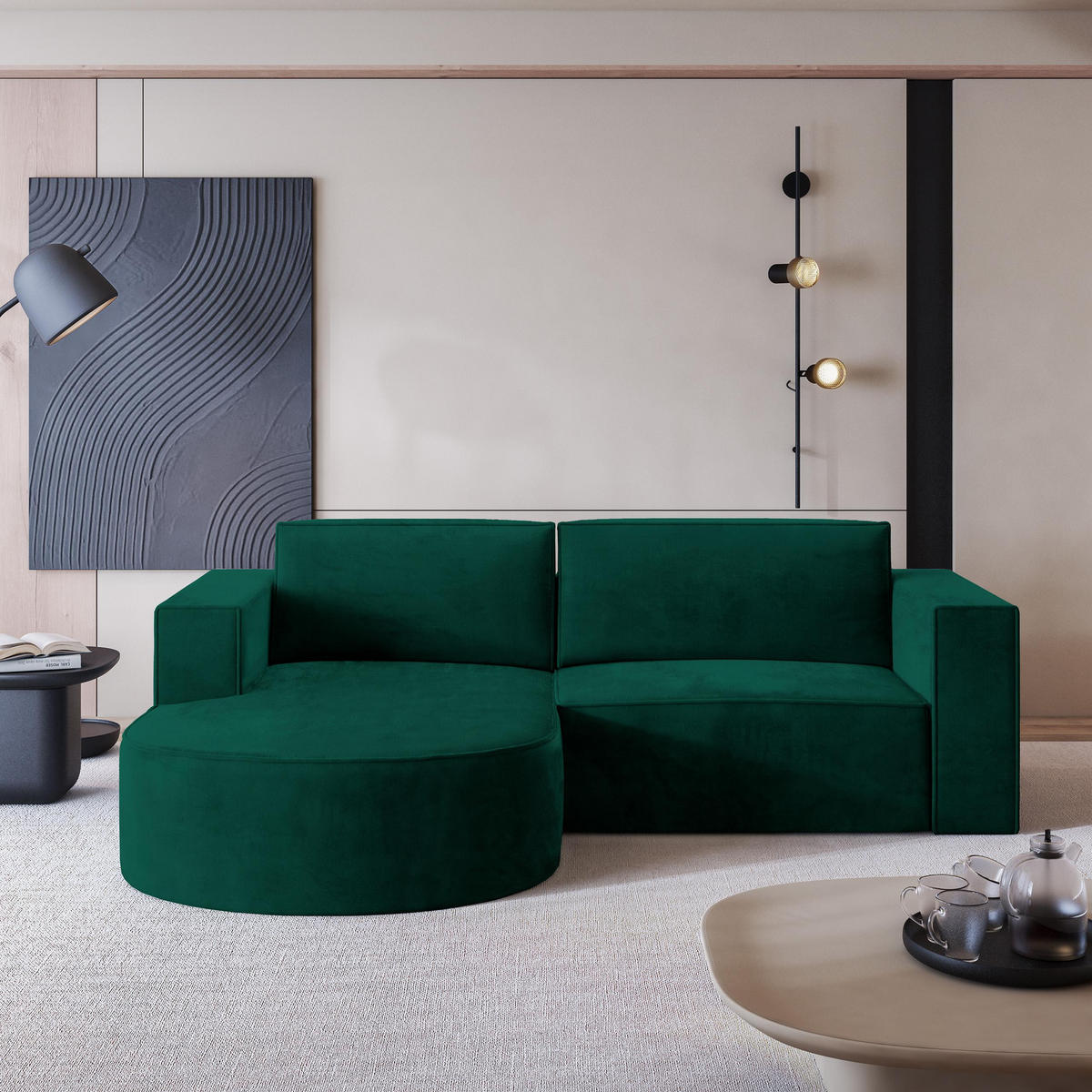 ECKSOFA SORELA M L-S Grün Velours-Stoff mit Schlaffunktion - Grün, Holz (263/174cm) - MASSENO