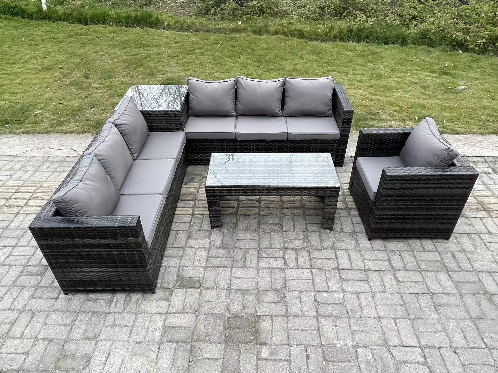 GARTENSOFA-SET MIT COUCHTISCH LOUNGE SOFA Polyrattan Outdoor 7-Sitzer - Dunkelgrau/Grau, Glas/Kunststoff - Fimous