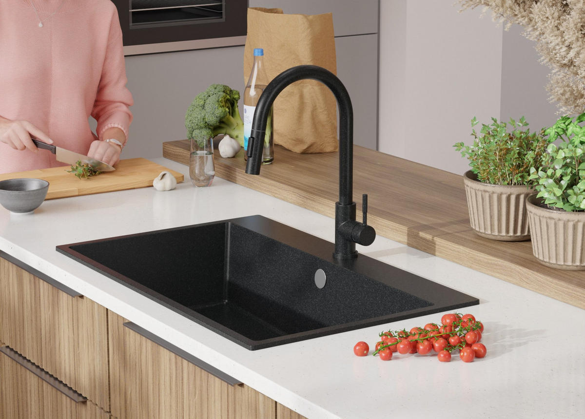 SPÜLBECKEN Riga, 2-er set Anthrazit 78/50 cm 1 Becken + Ablauf-Set ab 80er Unterschrank - Chromfarben/Anthrazit, Kunststoff (78/20/50cm) - Primagran