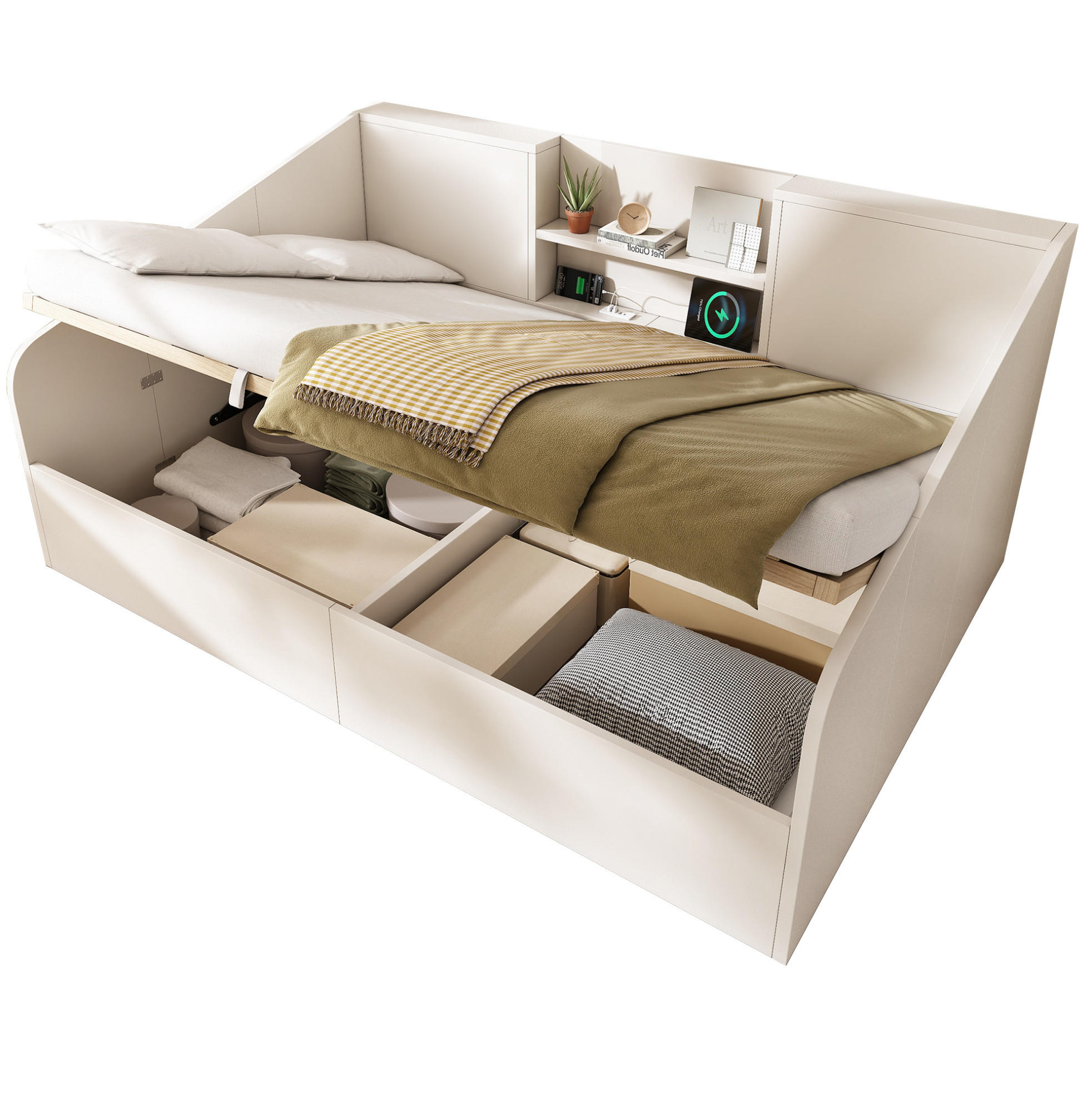 DENNÁ posteľ 140/190 cm biela s hydraulickým úložným priestorom a USB/Type-C nabíjaním z dreva - biela, textil (140/190cm) - OKWISH