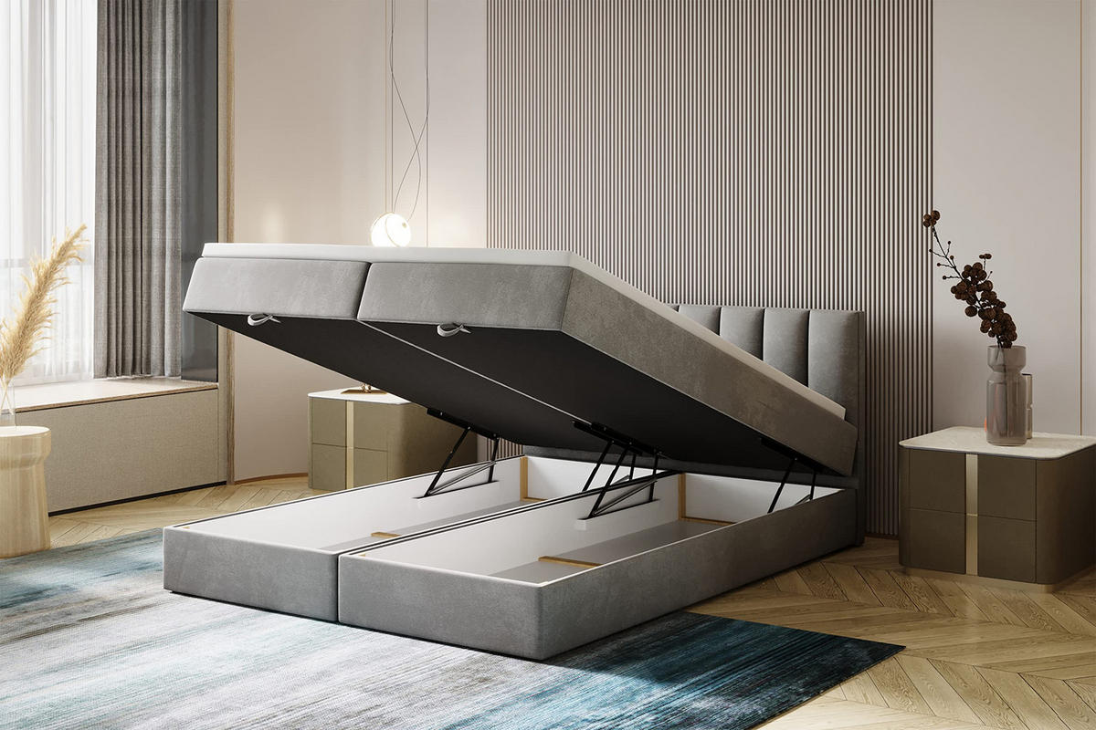 BOXBETT 200 x 200 cm mit Bonellmatratze H3, CITY, Elegant gestepptes Kopfteil und Topper 5cm, Bettkasten, Grau - Grau, Holzwerkstoff/Kunststoff (200/200cm) - Trada