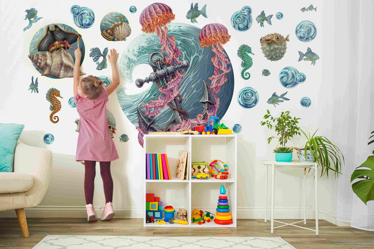 WANDAUFKLEBER 130x139cm - Die Unterwasserwelt der Quallen - Multicolor, Kunststoff (130/139/0.1cm) - Wallfluent