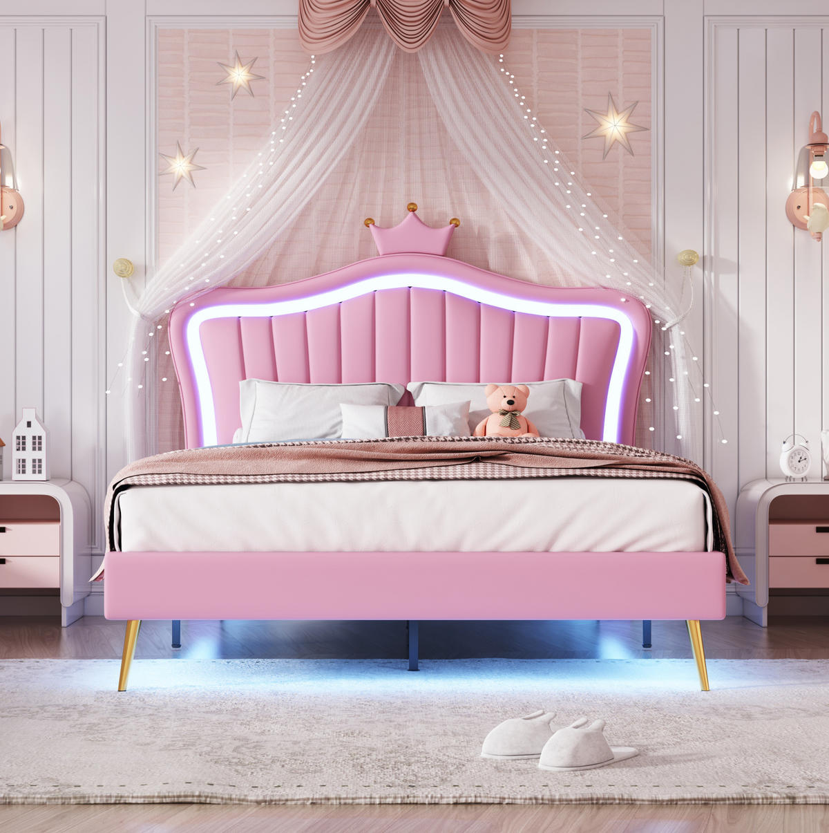 POLSTERBETT 140/200 cm Rosa mit LED-Beleuchtung und Kronen-Kopfteil - Pink, Textil (140/200cm) - Flora Grace