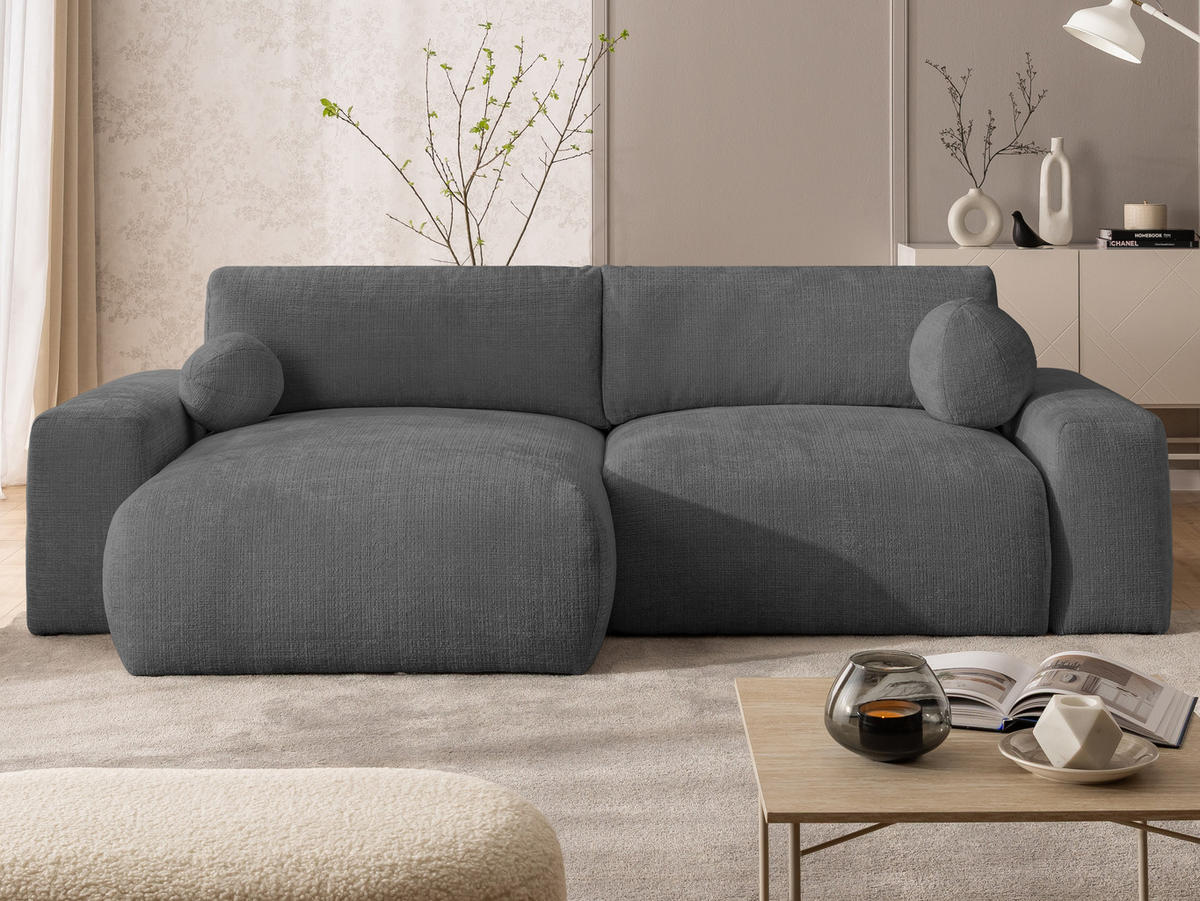 ECKSOFA Puffy mit Schlaffunktion und Bettkasten - besonders weich und puffig aus Grau Chenille-Stoff - Ottomane links - Schwarz/Grau, Holz/Kunststoff (138/266cm) - S-Style Möbel
