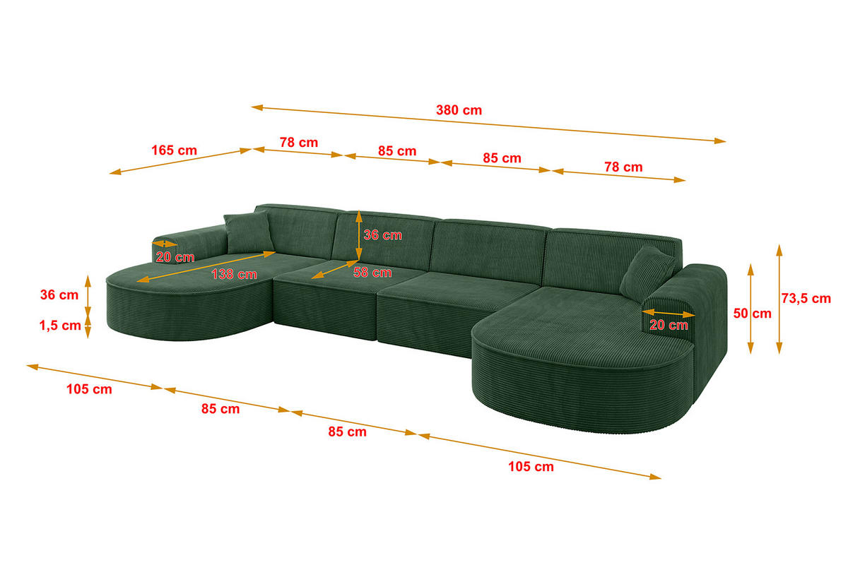 WOHNLANDSCHAFT MARI-U2 - 380x163x73,5 cm Grün Cord - Schwarz/Grün, Holzwerkstoff/Kunststoff (380/73.5/163cm) - ALTDECOR