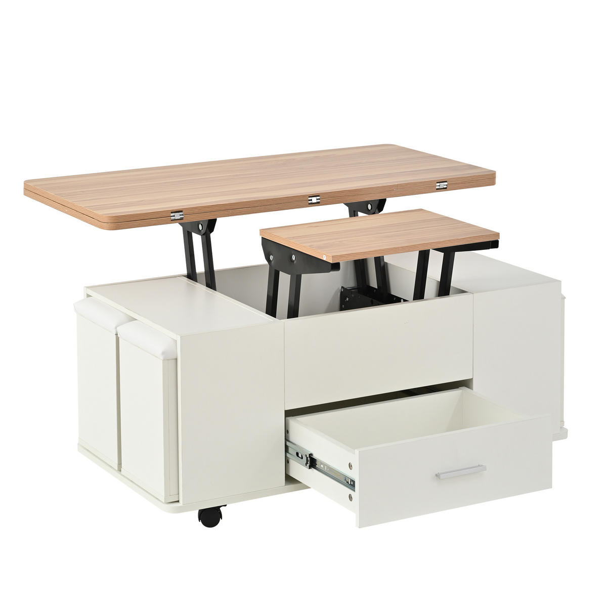 COUCHTISCH DE-37097 4-in-1 multifunktional mit 4 Hockern Weiß/Natur - Weiß, Holzwerkstoff (100/50/45cm) - ComfortXL