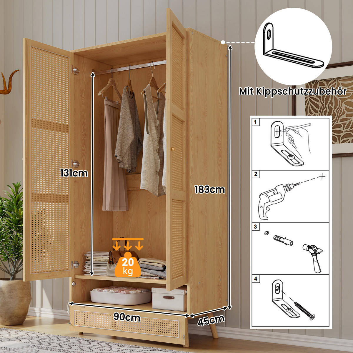 KLEIDERSCHRANK 90/45/183 cm mit 2 Drehtüren und Rattan-Optik in Natur - Naturfarben, Holz (90/183/45cm) - BEAOK